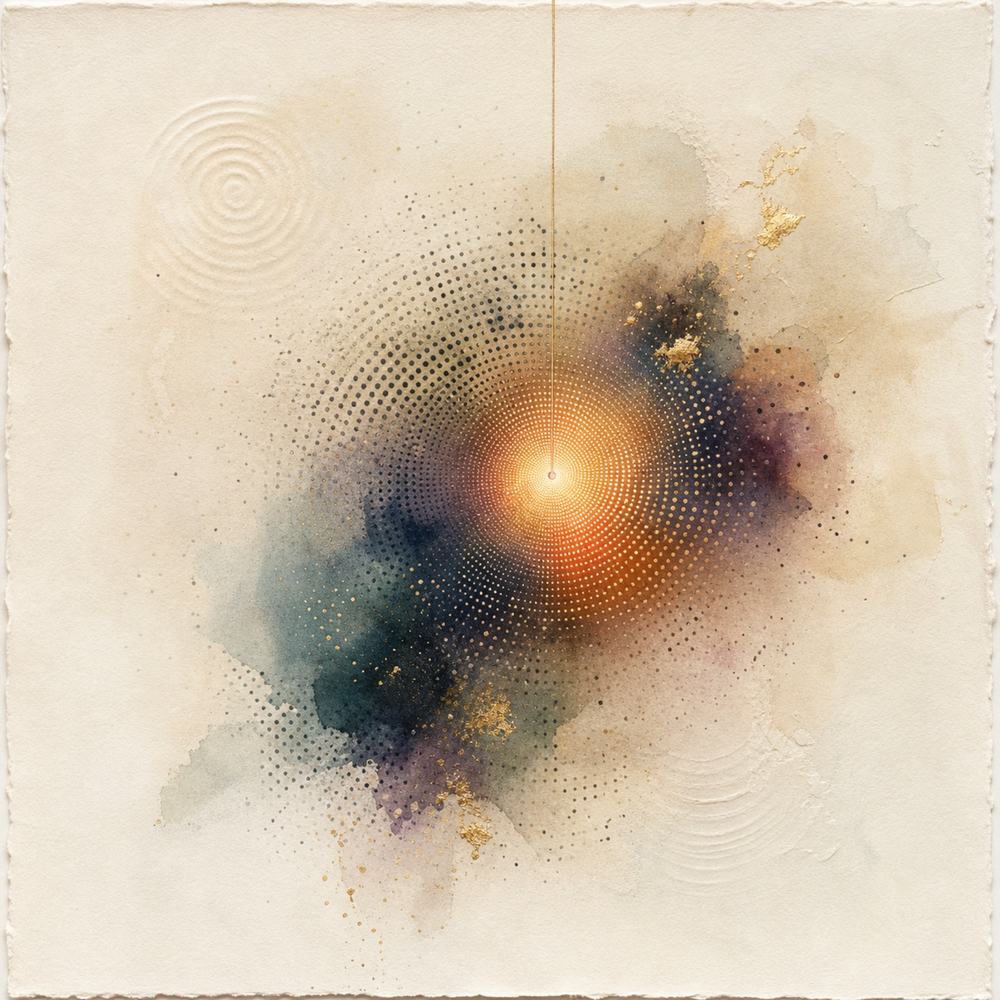 An abstract Etpaar Creative artwork: a point of light gathering out of a printed halftone field