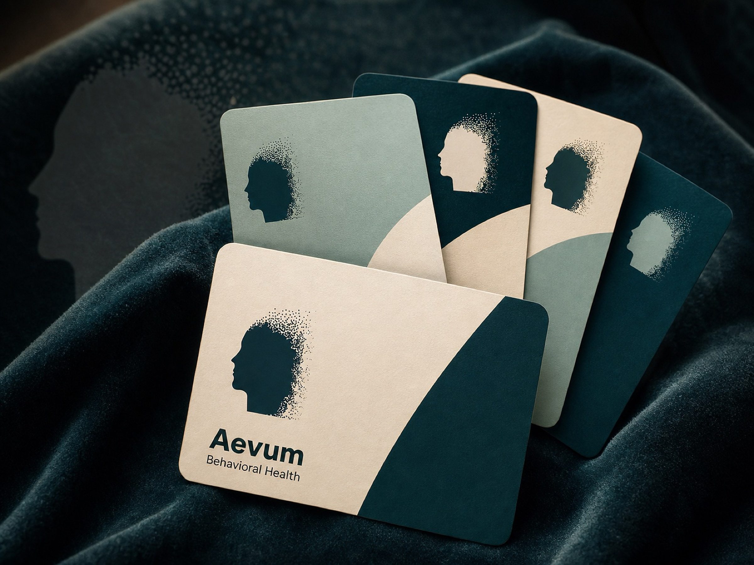 The business card front — Ocean teal, the mark dissolving into type.
