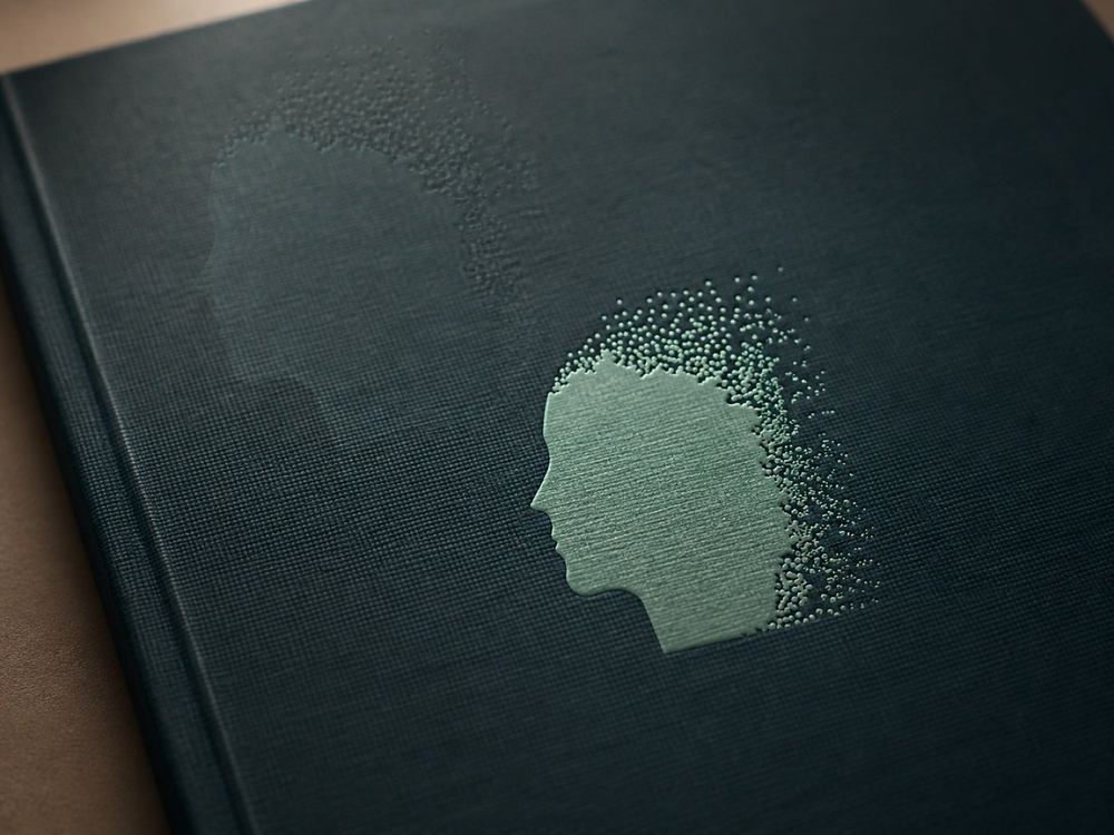 Aevum book cover with a blind-embossed portrait mark on deep green cloth
