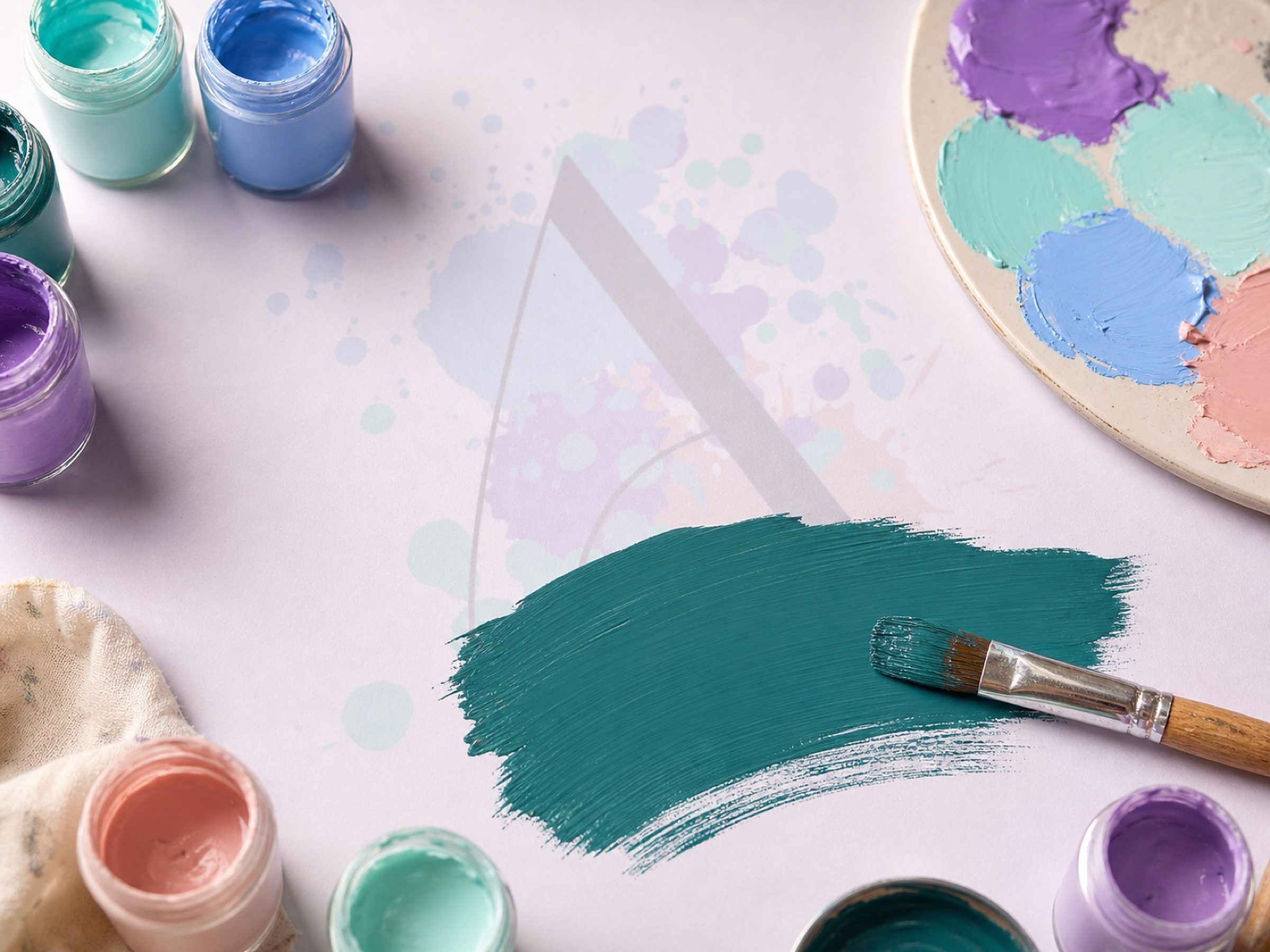 A loaded palette, three open paint jars, and one wet brushstroke — the studio table mid-mix.