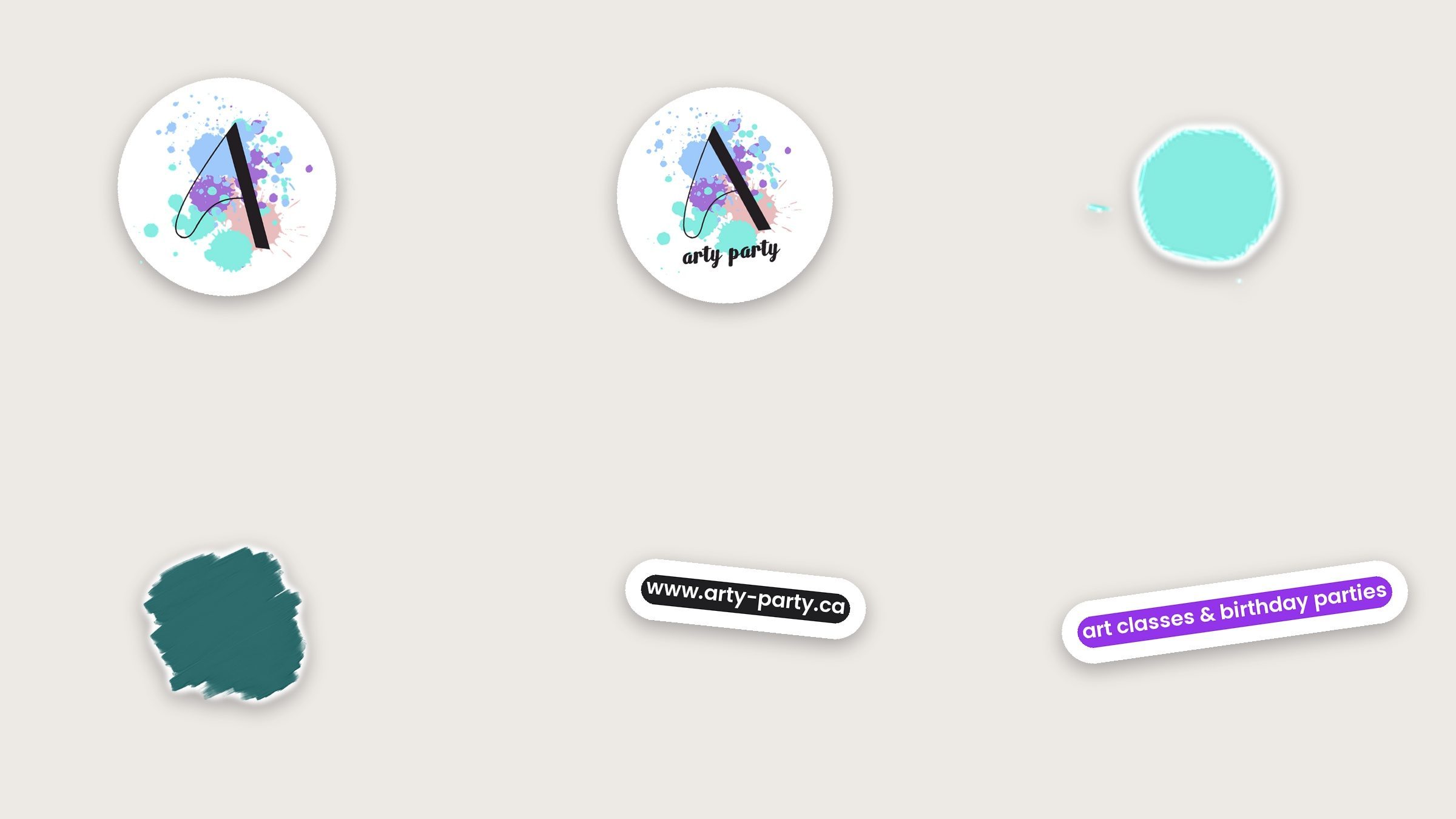 The kit cut into stickers — mark, lockup, splatter, and stroke, plus the only two lines the brand ever claims.