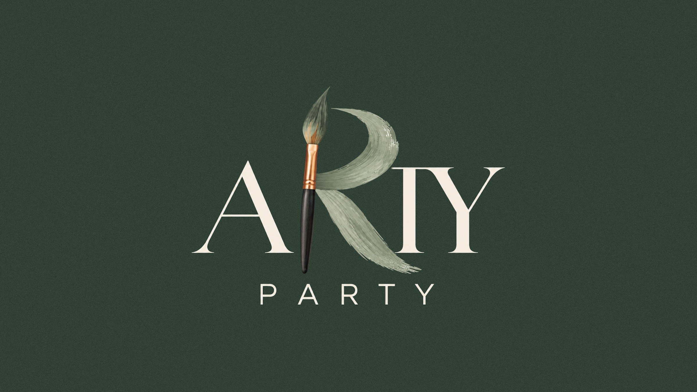 The Arty Party brush logo reversed on evergreen.