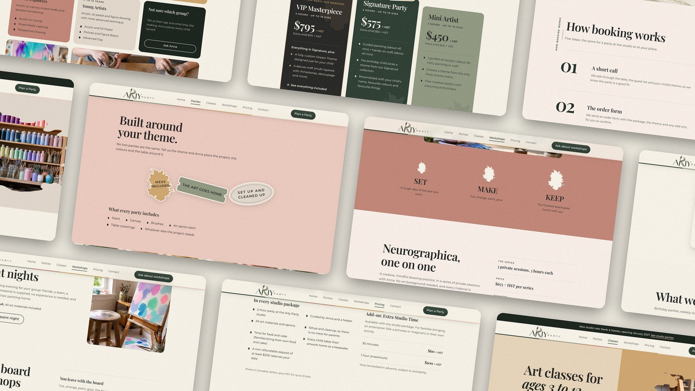Arty Party pages laid out as a wall: classes, parties, packages and workshops.