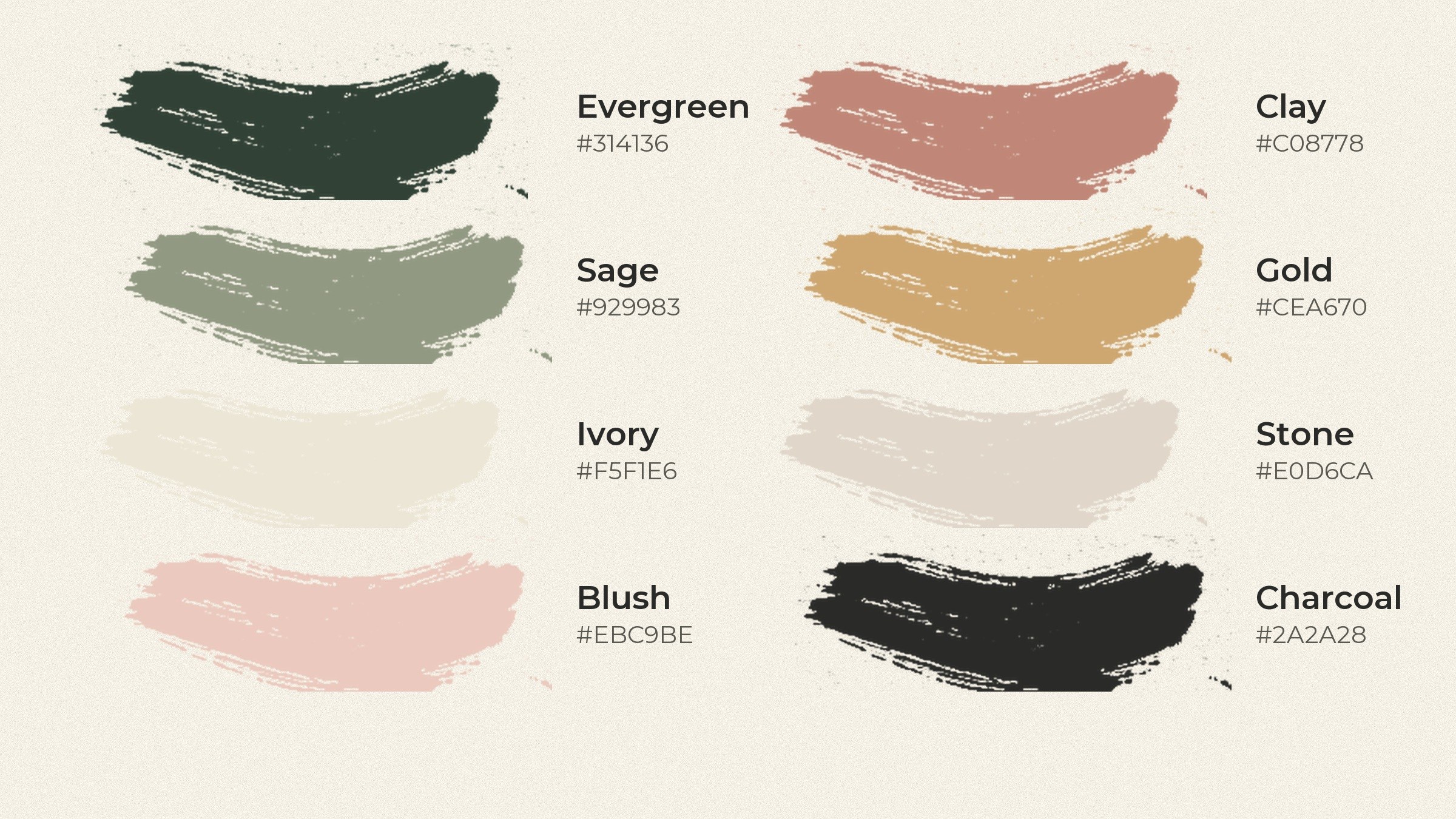 The Arty Party palette as brushstrokes: evergreen, sage, ivory, blush, clay, gold, stone and charcoal.