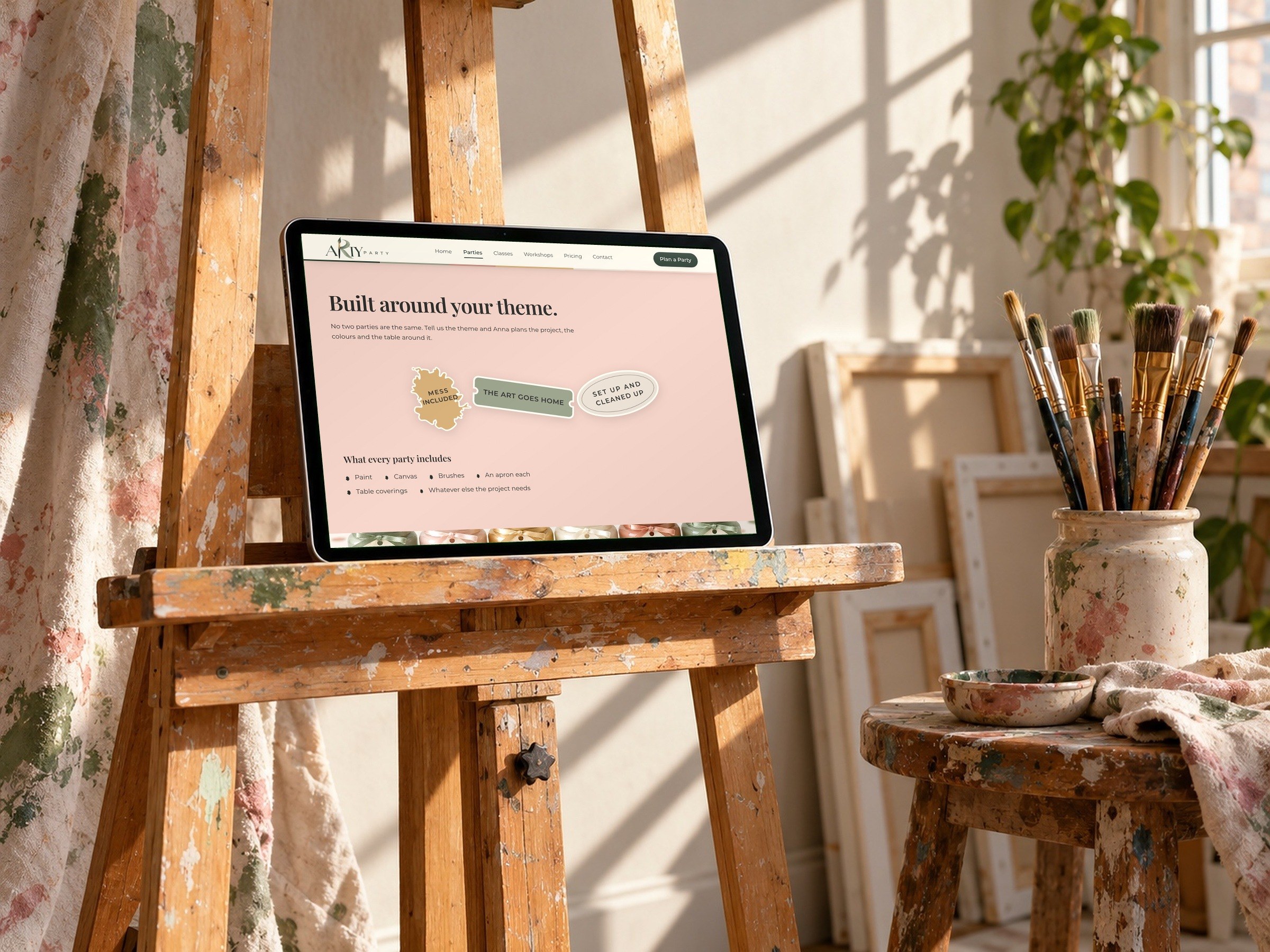 Built around your theme: the parties page on a tablet on a studio easel.