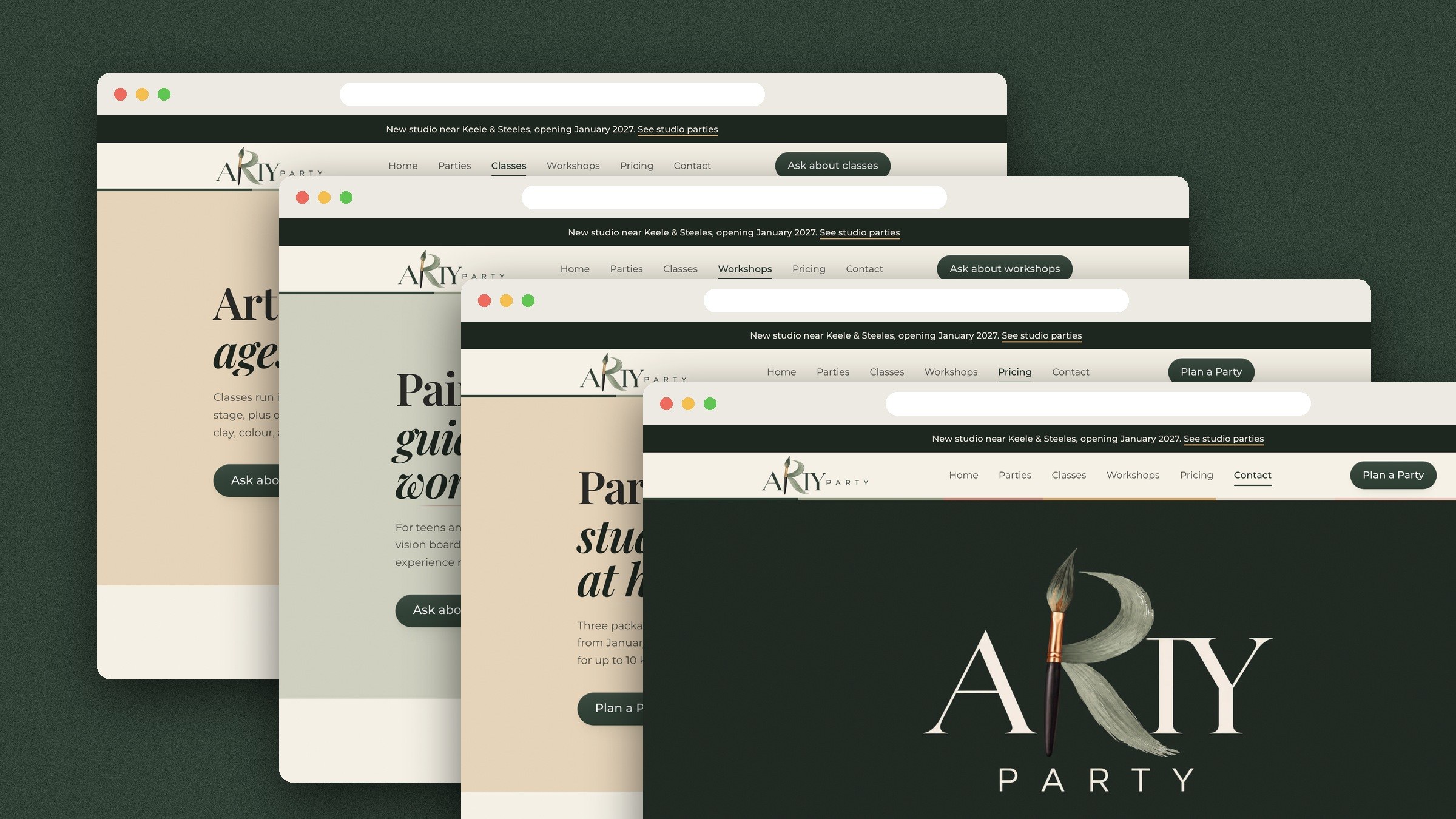 Four Arty Party pages in browser windows on evergreen.