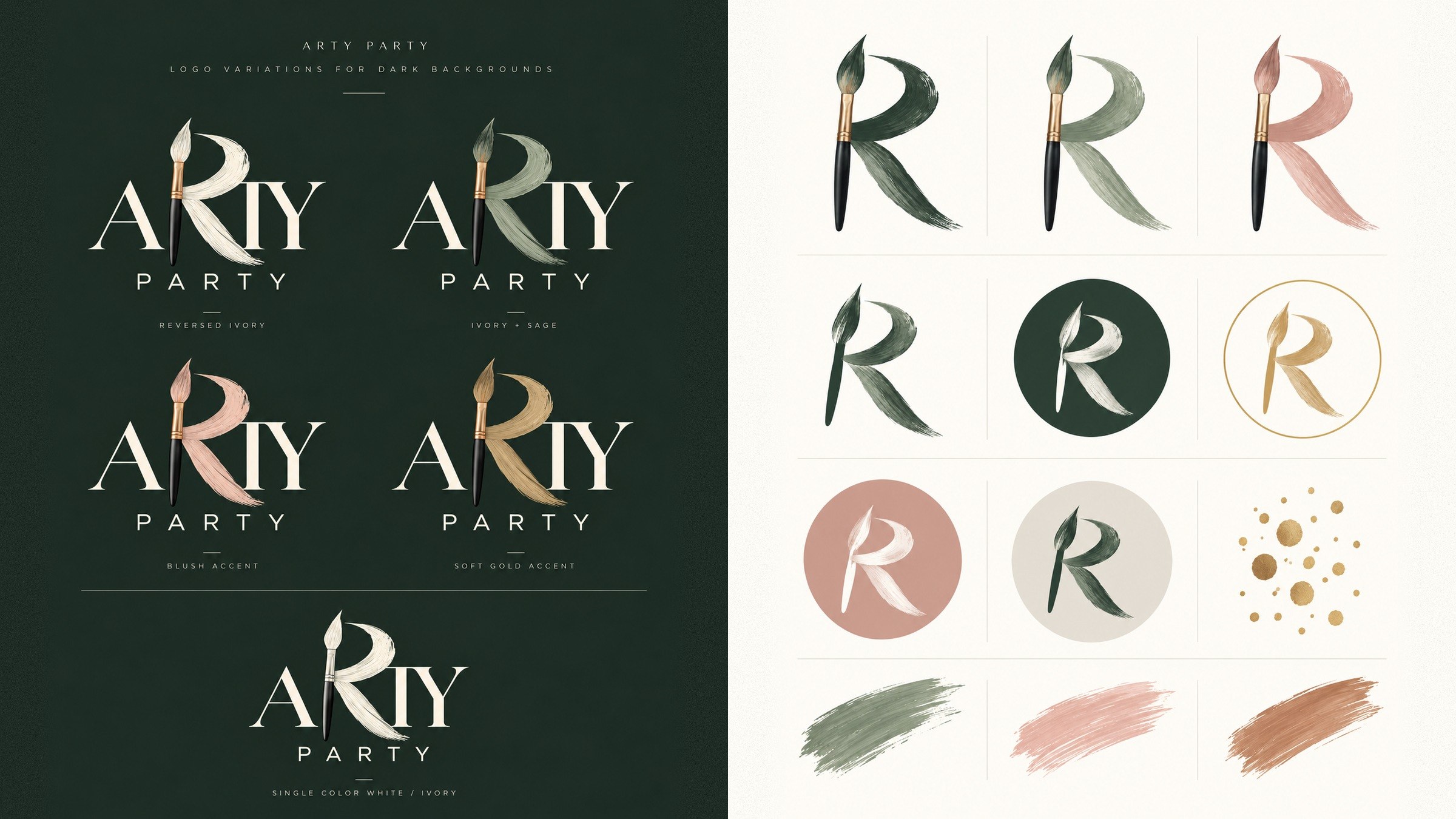 The Arty Party logo in four colourways on evergreen, beside the brush R monogram in sage, blush and gold.