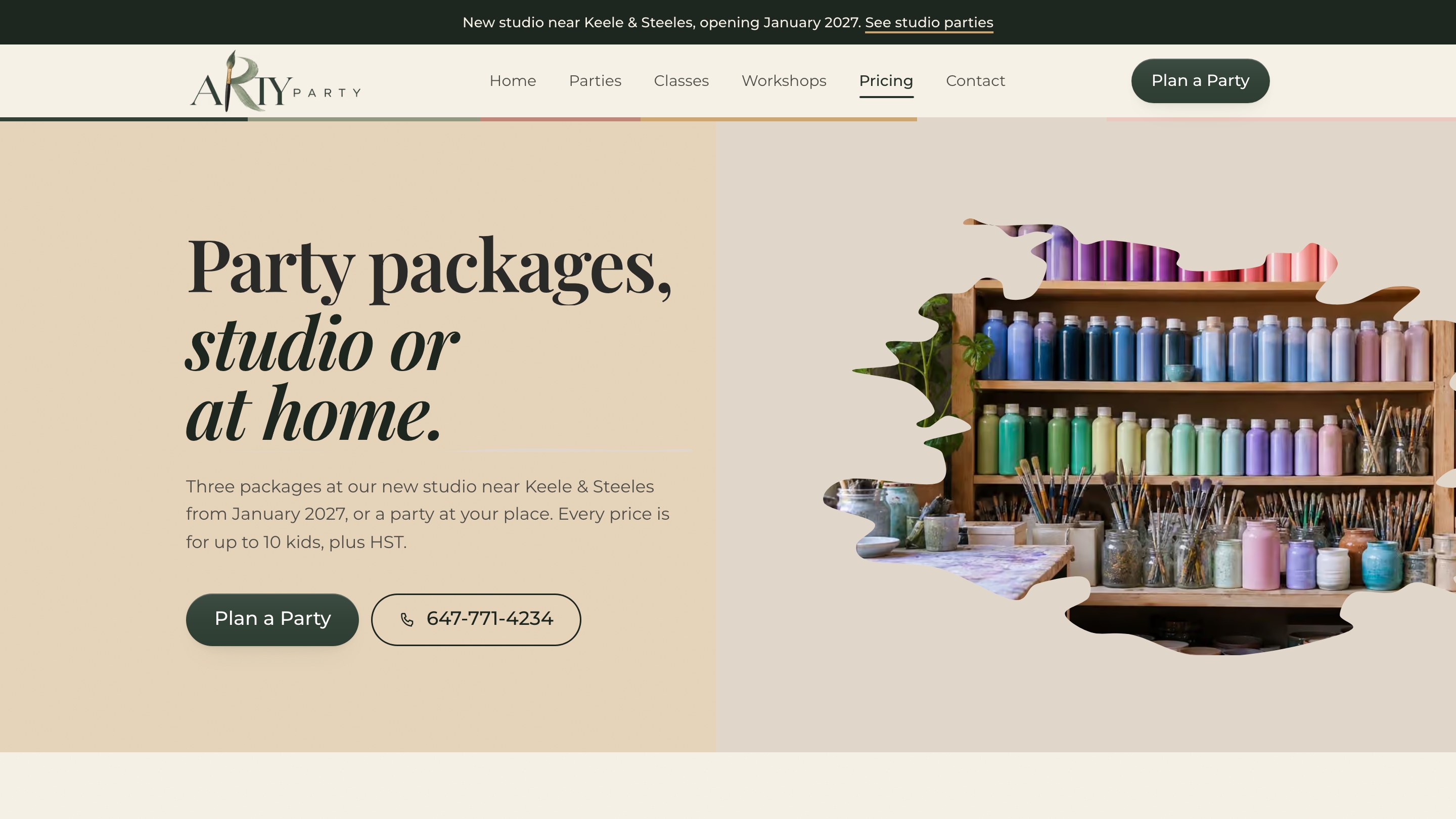 Arty Party website, packages, the opening screen