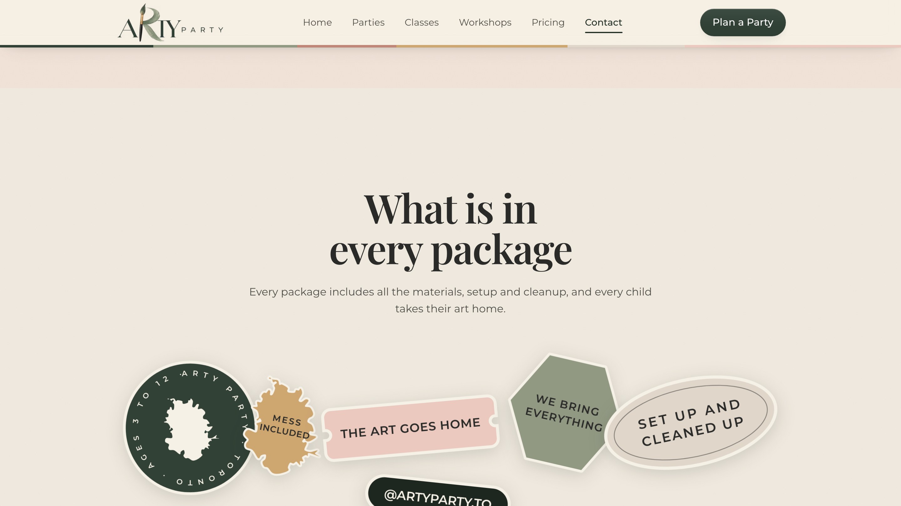 Arty Party website, what is in every package
