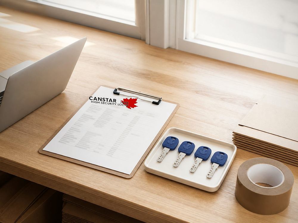 The Canstar Lock shop live on a laptop: cylinder and deadbolt product listings, keys and hardware beside it