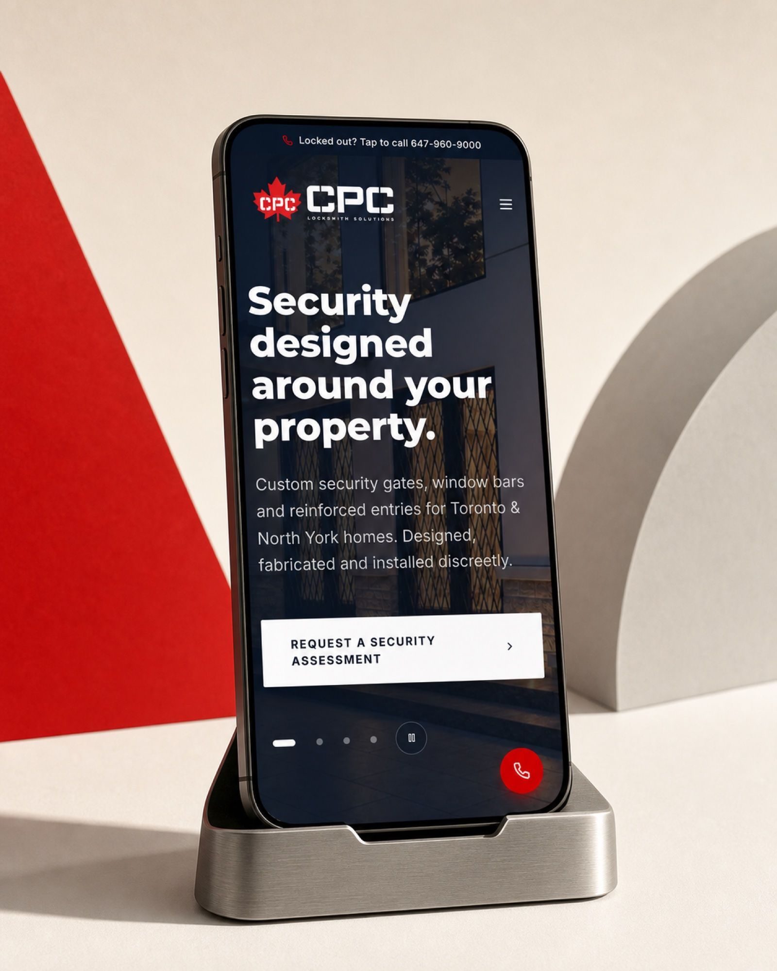 The same homepage, mobile-first — the call button never more than a thumb away.