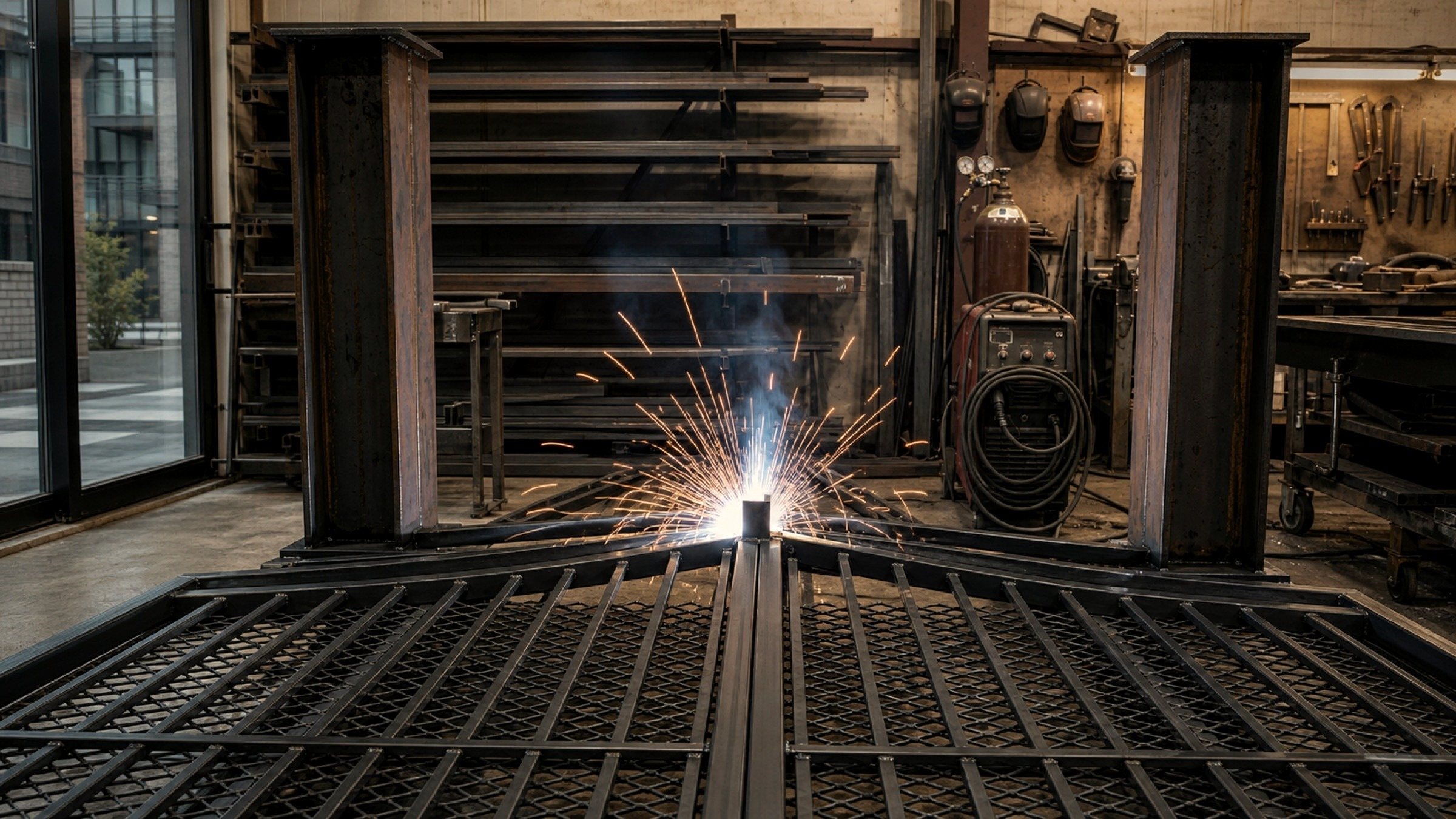 Every gate starts as steel stock and a welding bench, not a catalogue part.