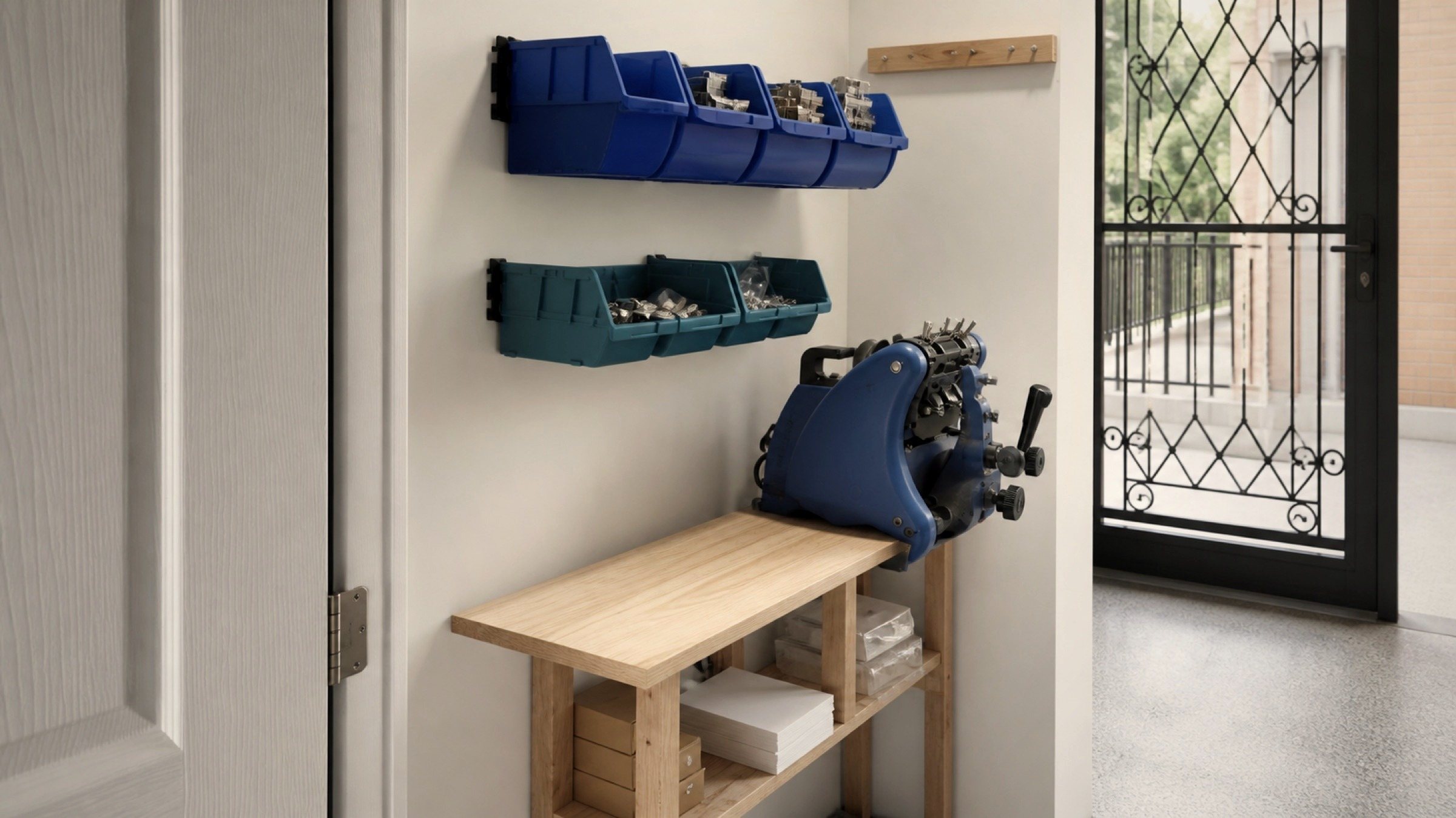 The rekey bench — wall bins of sorted blanks, the machine set up by the shop door.
