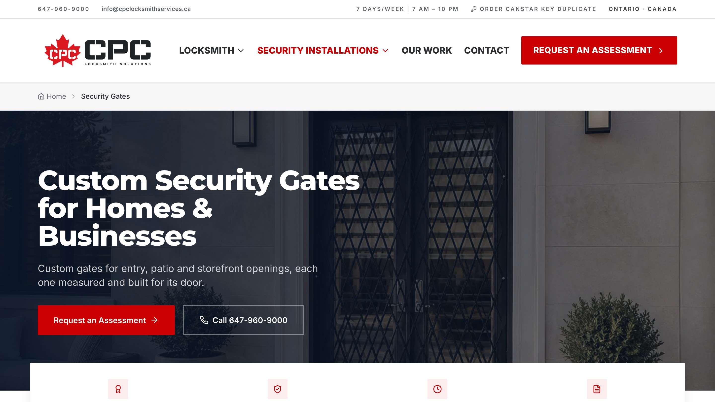 CPC Locksmith website, security gates, the opening screen