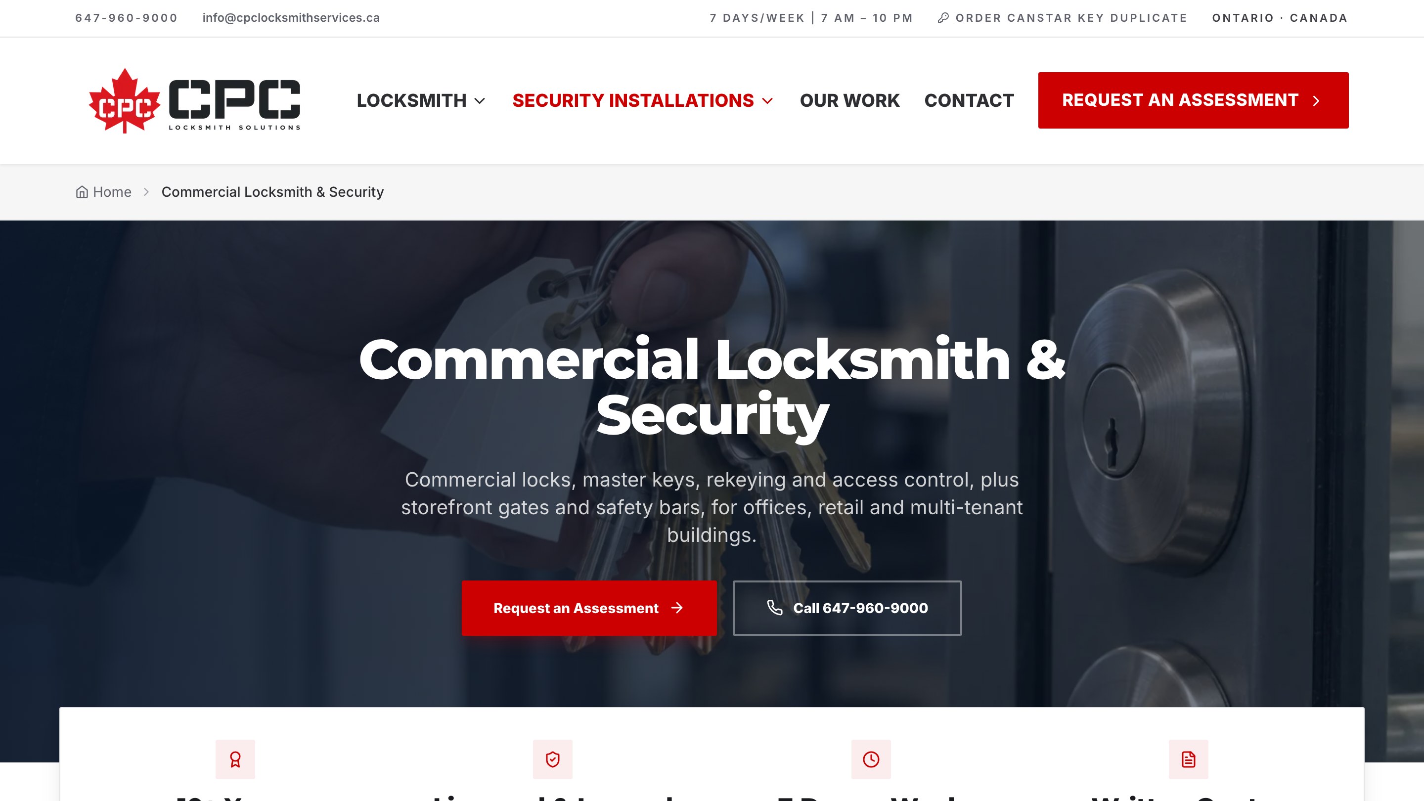 CPC Locksmith website, commercial, the opening screen