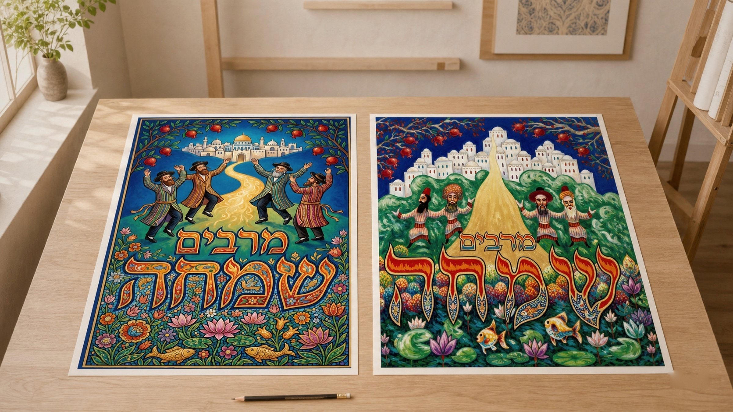 Two takes on the same Purim concept, compared before the final was chosen for print.