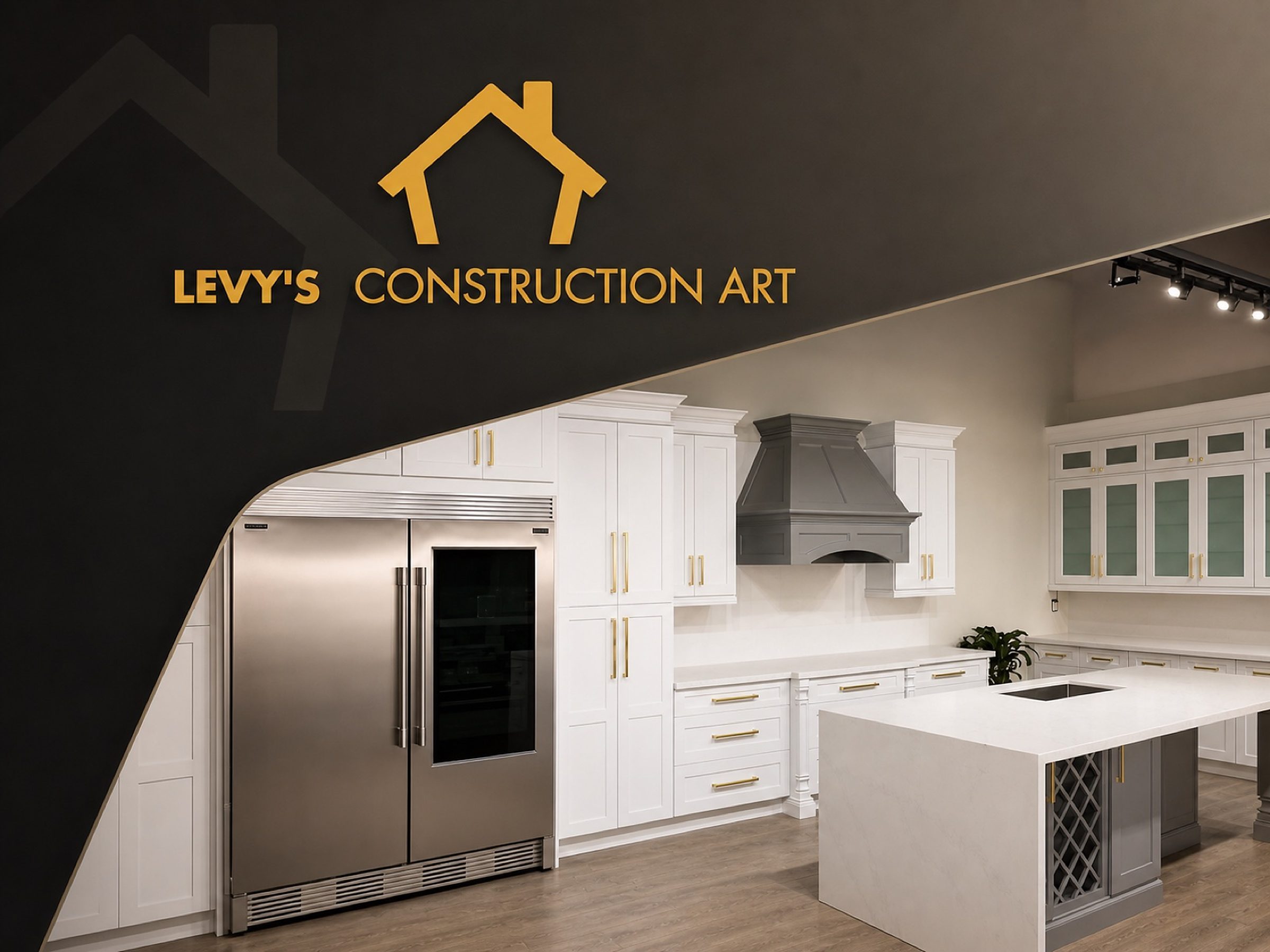 A finished kitchen sits right against the mark — white shaker cabinets, brass pulls, a stainless fridge tall enough to anchor the room.
