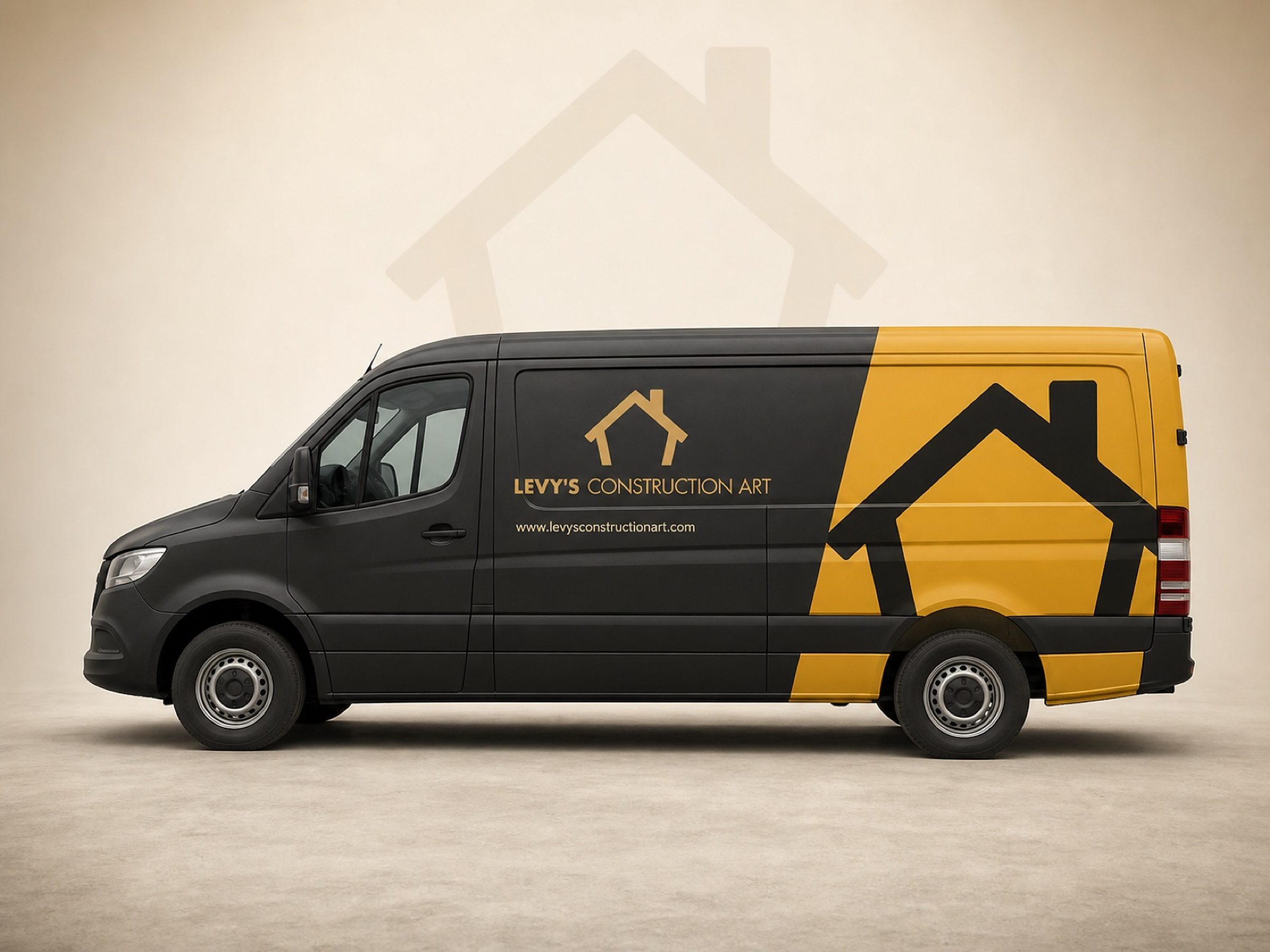 The fleet wrap, shown in full — half matte black, half gold, the house mark spanning both.