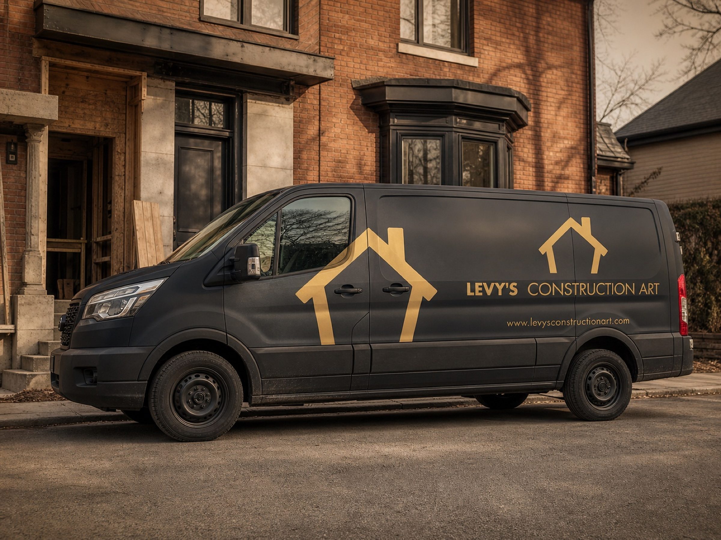The black fleet van on the street — parked in front of a job where the porch and front door are still down to the studs.