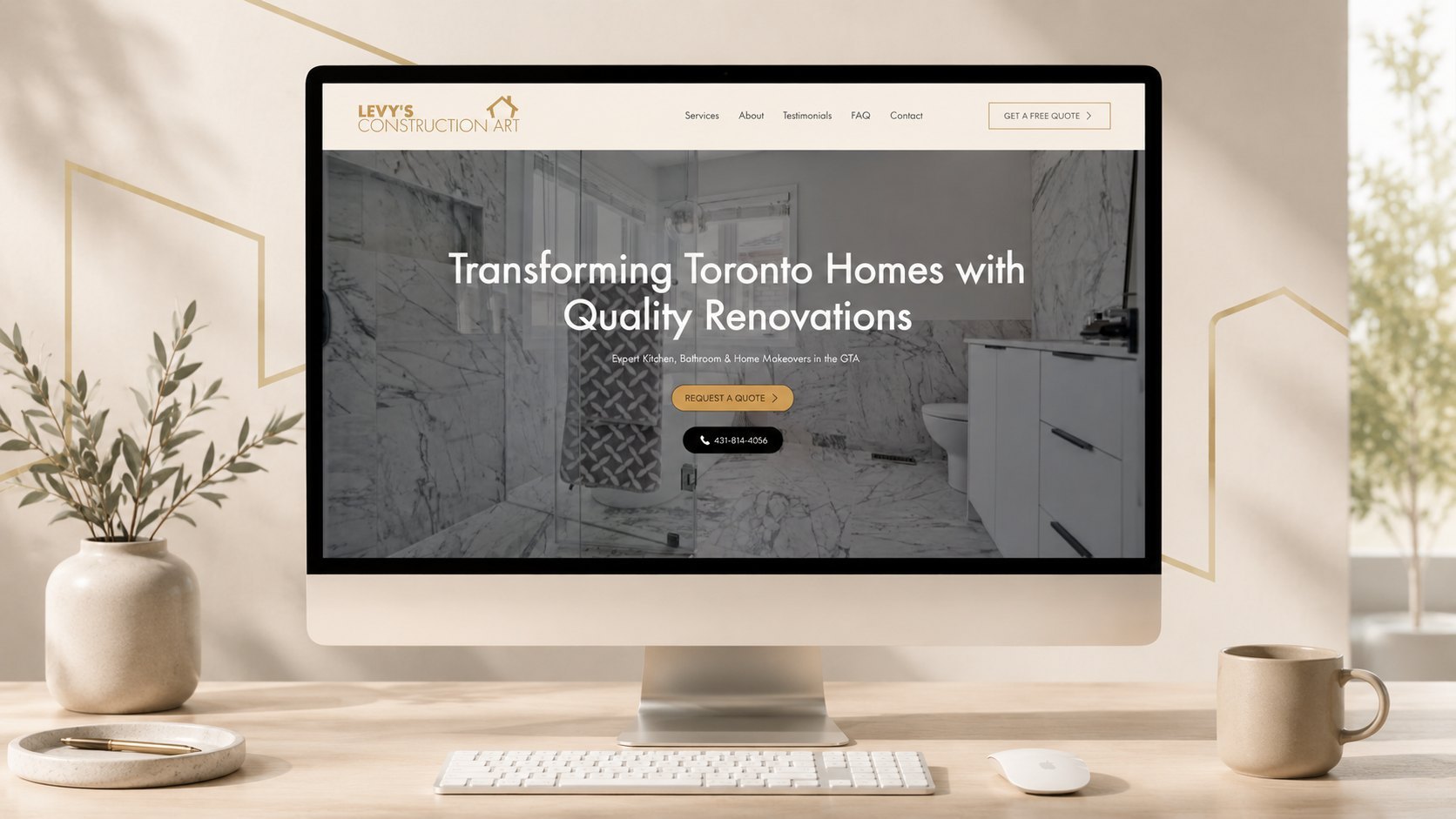 The website's opening line — "Transforming Toronto Homes with Quality Renovations" — open on a laptop next to a well-used pair of gloves.