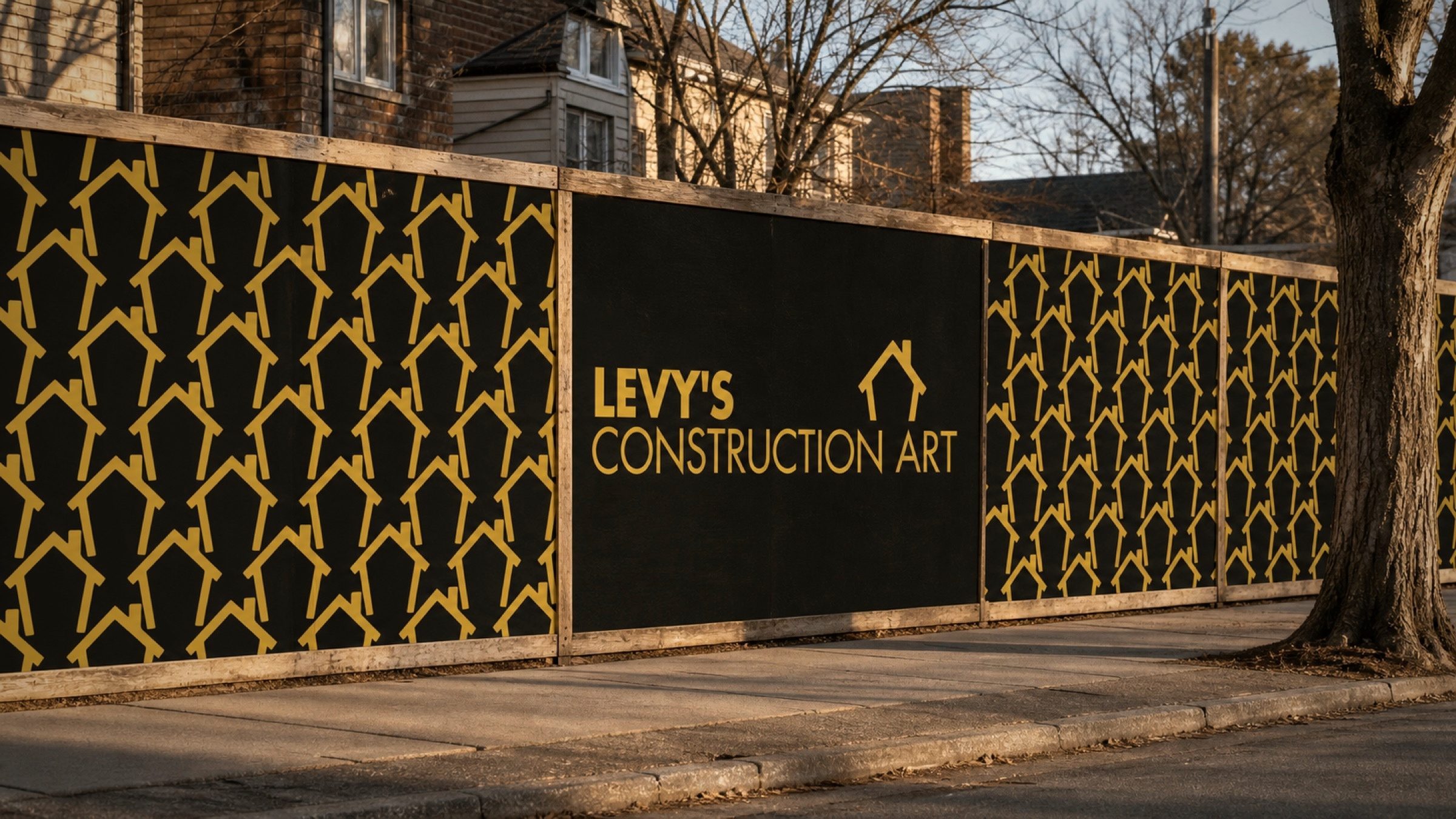 The repeat doing street duty — a site hoarding wrapped in the pattern, the lockup holding the centre panel.