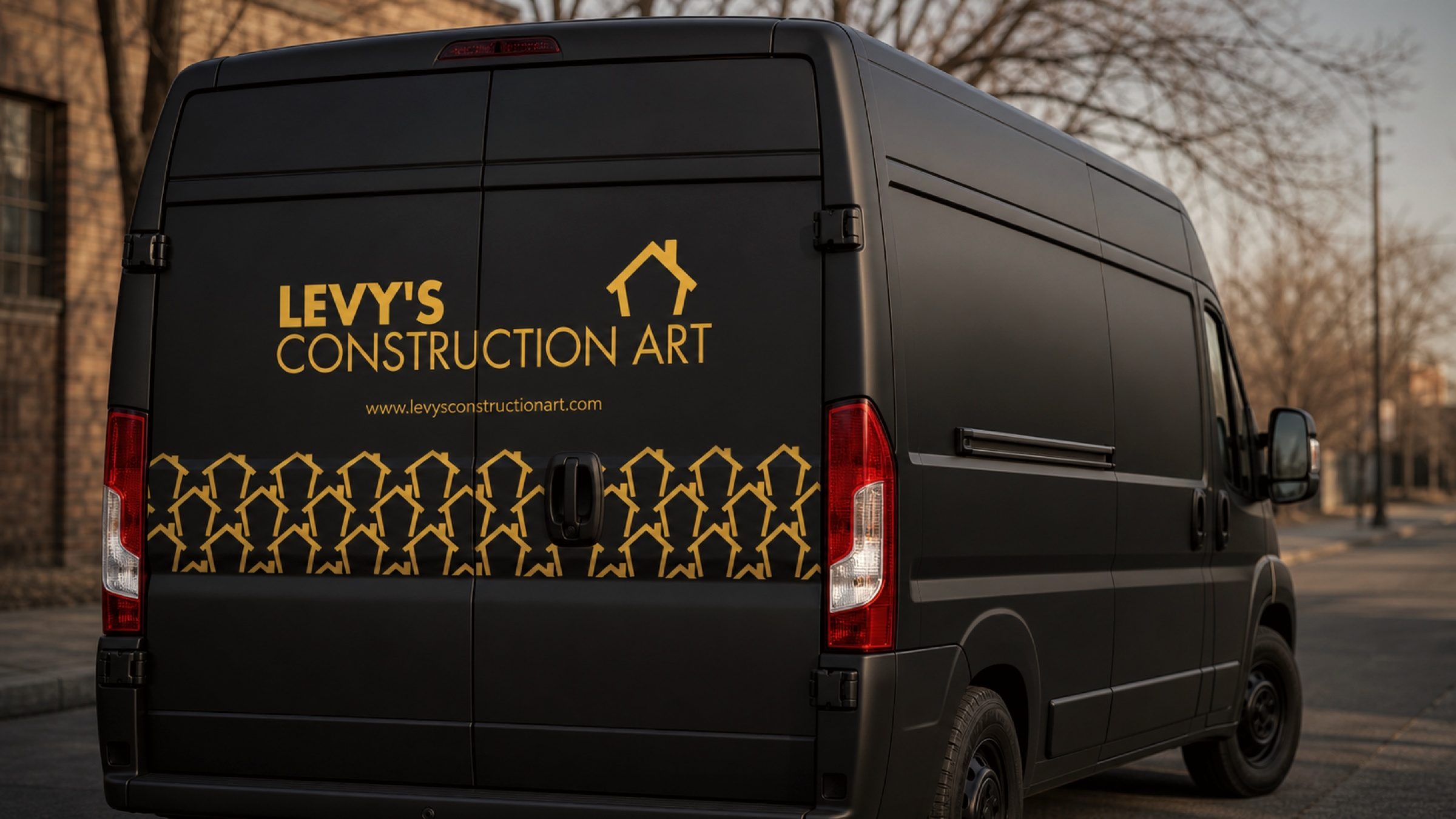 The repeat wrapped across the van's rear doors — the pattern earning its place on the fleet.
