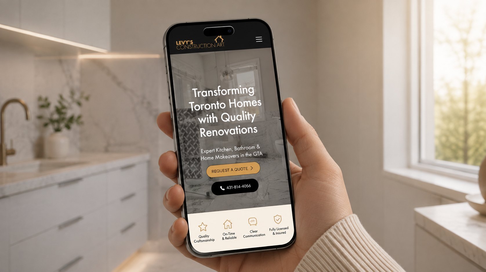 The same site on a phone — the quote button and the phone number always within reach.