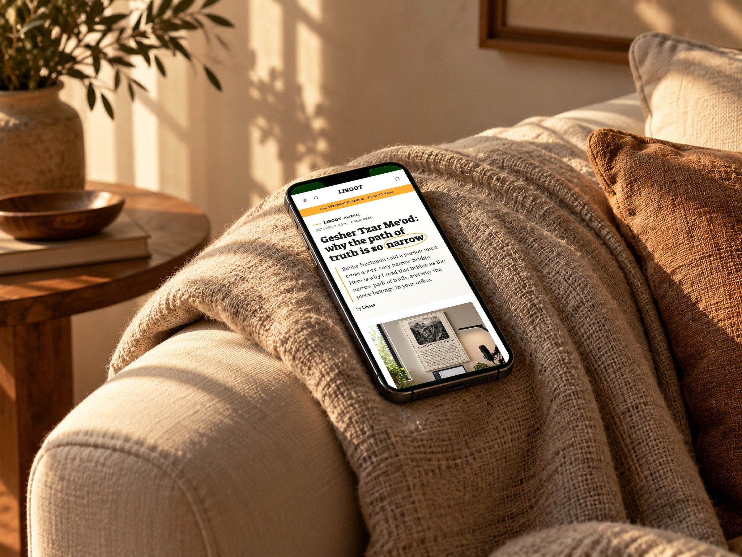 A Likoot journal article on a phone resting on a linen throw.