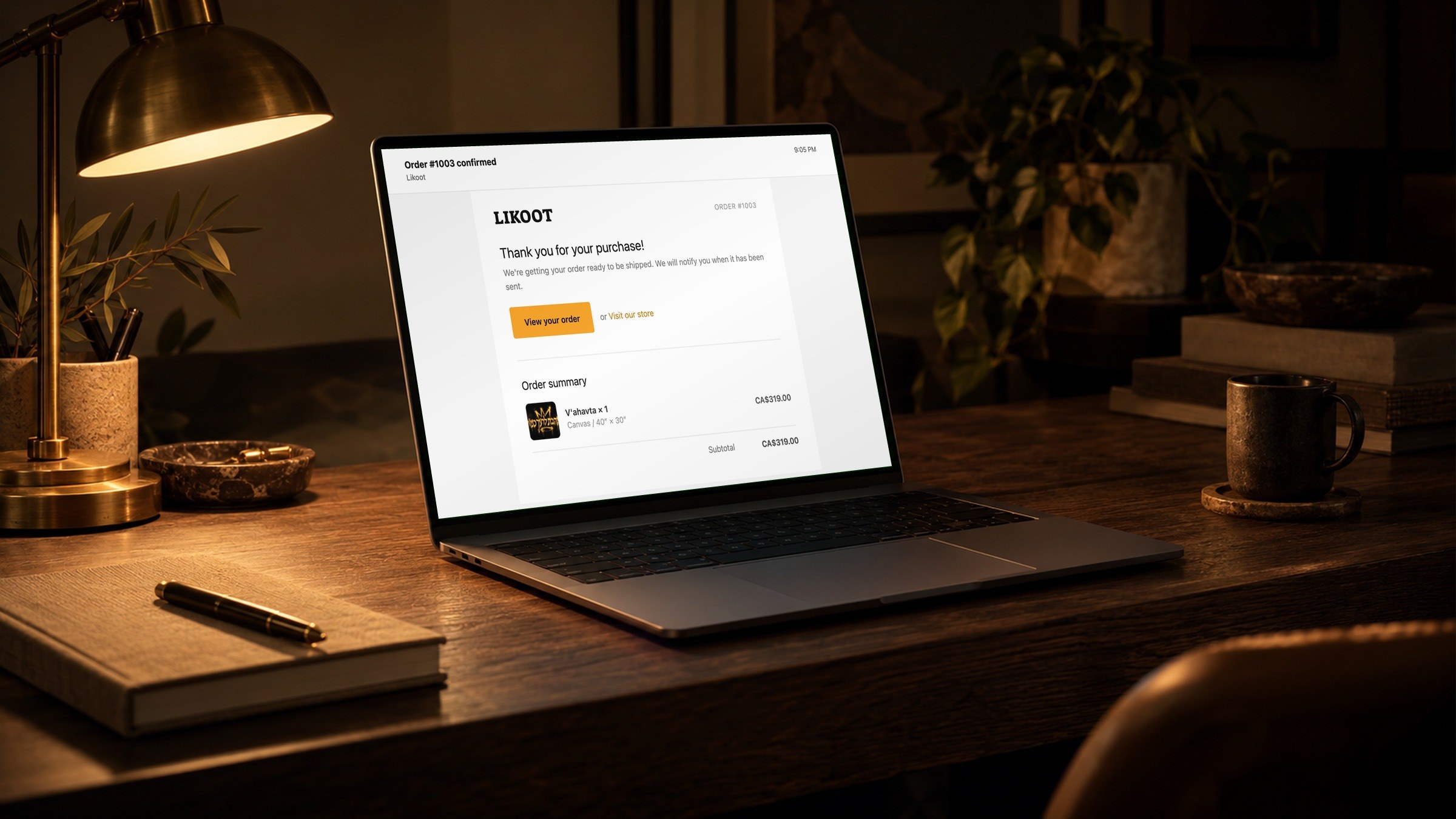 A Likoot order confirmation email on a laptop at night.