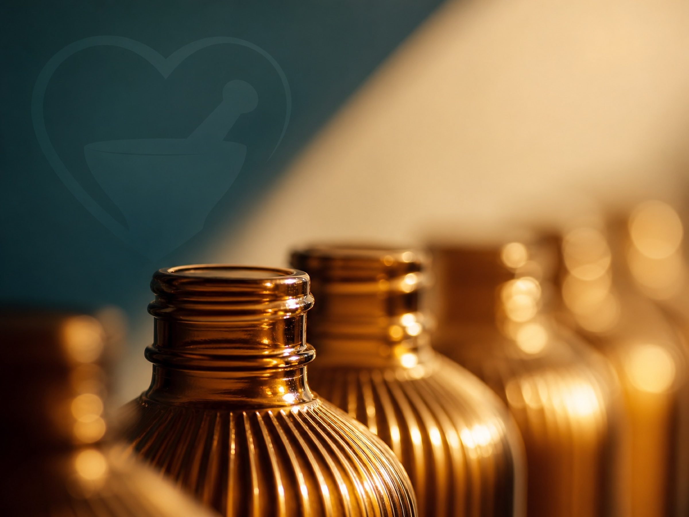 Amber glass, ribbed shoulders, black caps — the packaging language before a single label goes on.