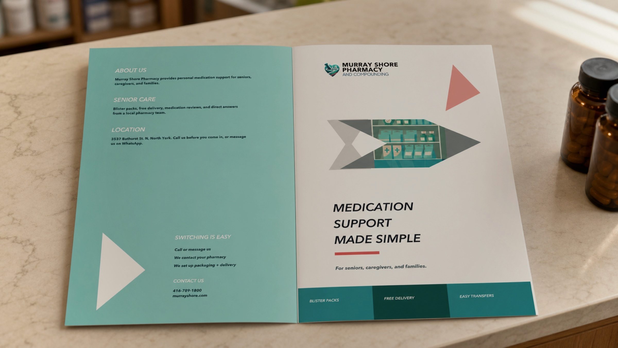The senior-care bifold — blister packs, free delivery, easy transfers, laid out in plain type for the people who need it most.
