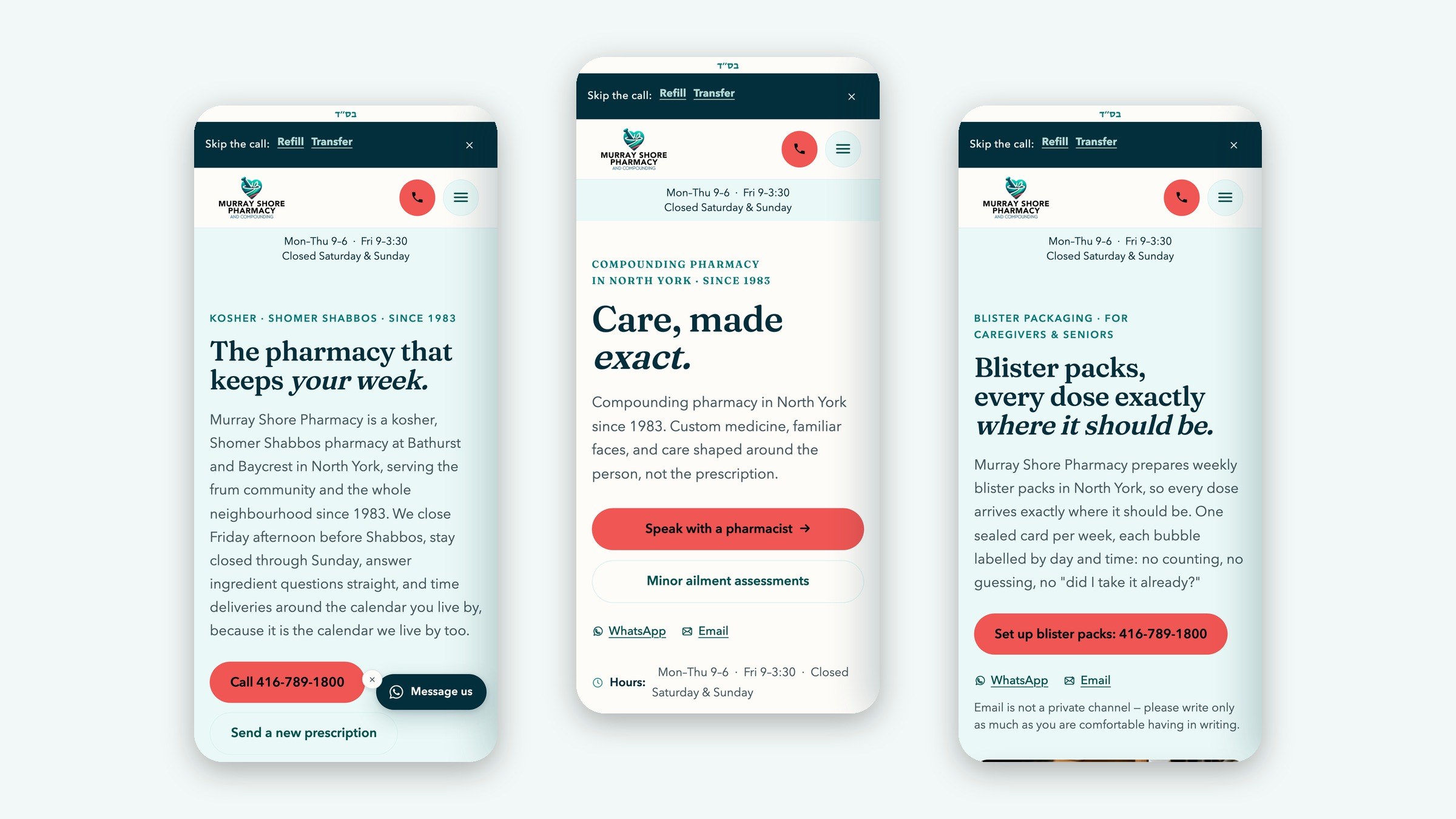 Three phone screens: the kosher page, the home page and blister packs.