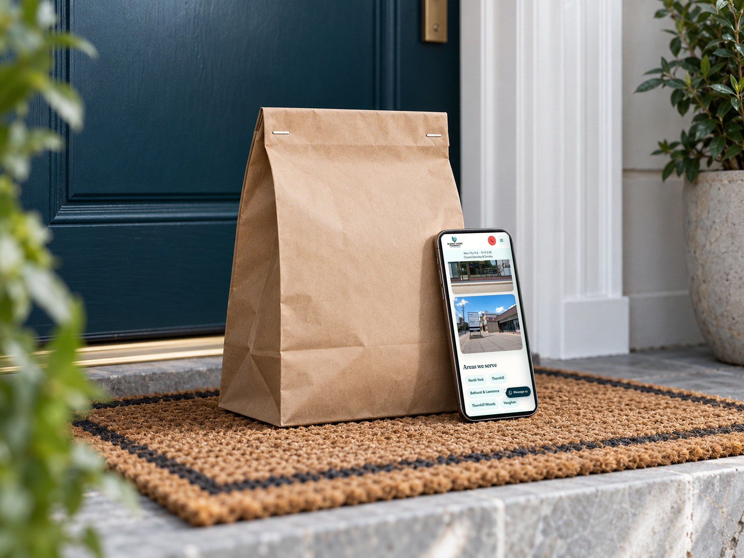 The delivery page on a phone, leaning on a pharmacy bag at the front door.