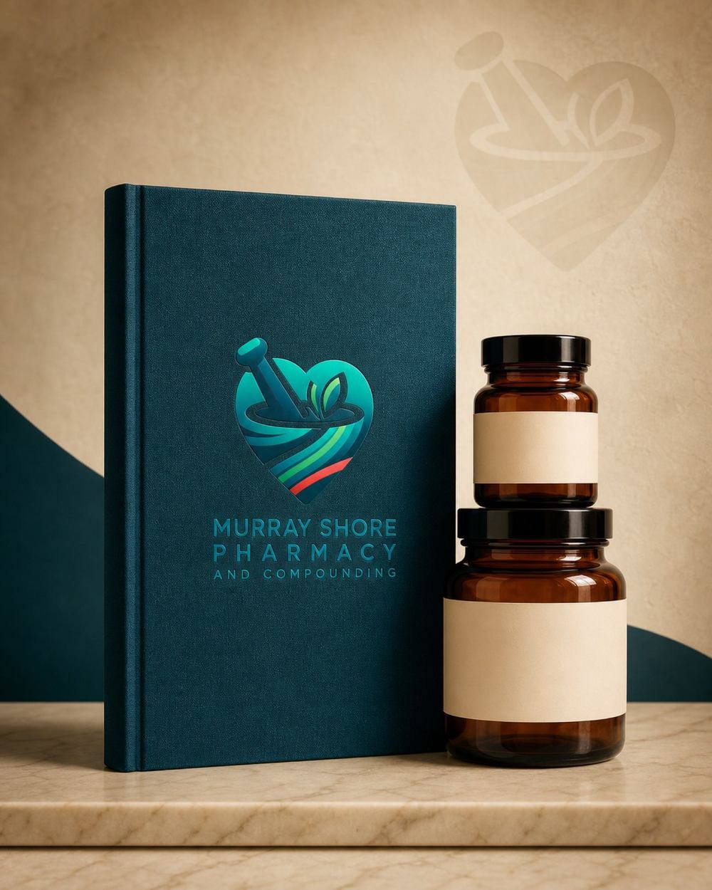 Murray Shore brand work: a clothbound brand book and amber apothecary jars carrying the heart-and-mortar mark