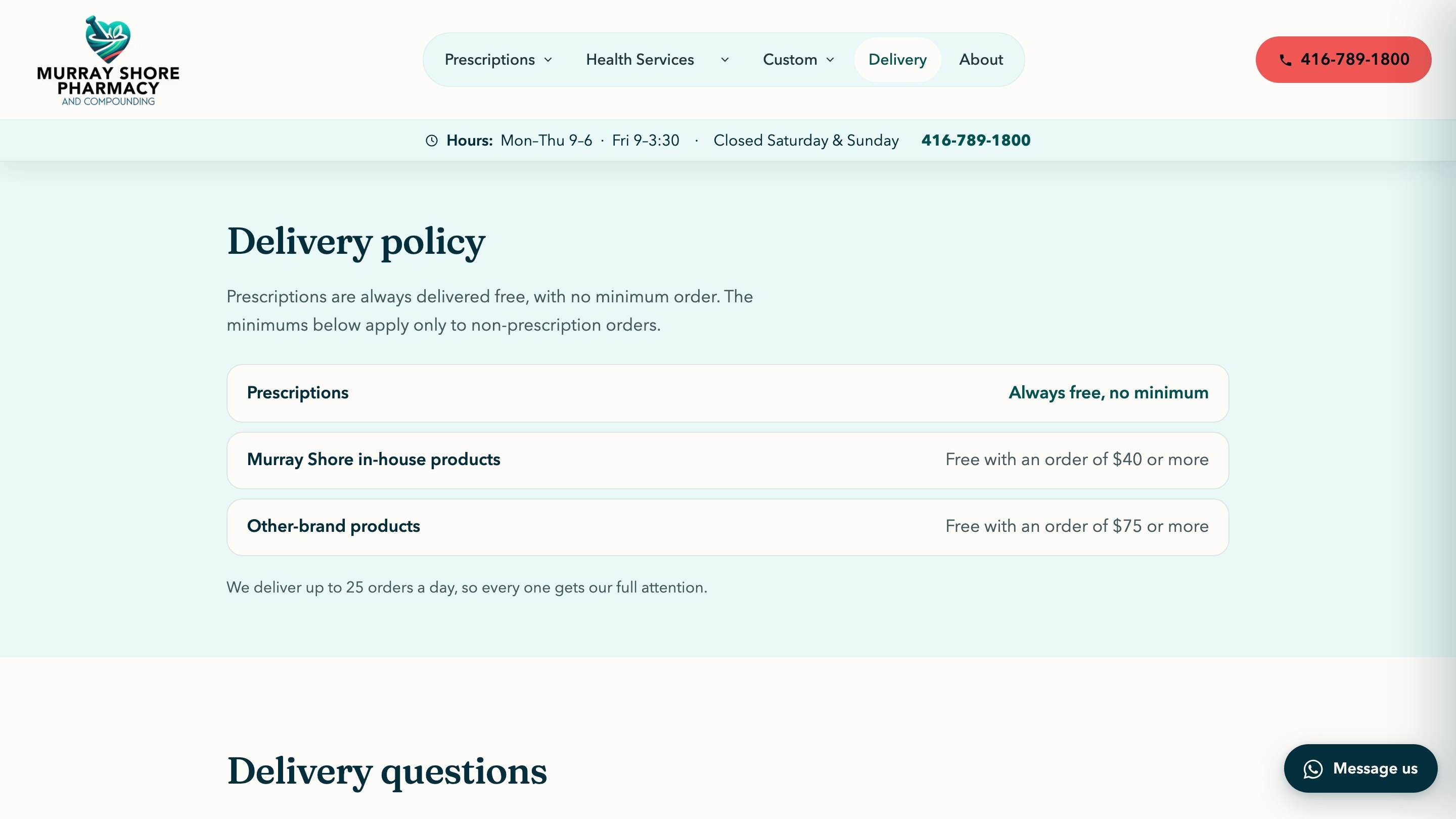 Murray Shore website, the delivery policy