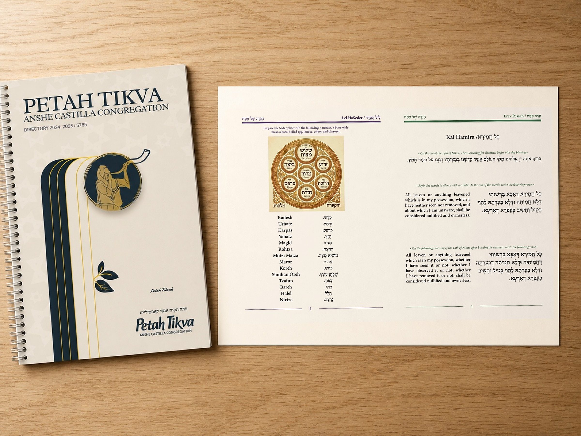 The seder plate diagrammed step by step, the closed directory alongside it — two publications, one table.