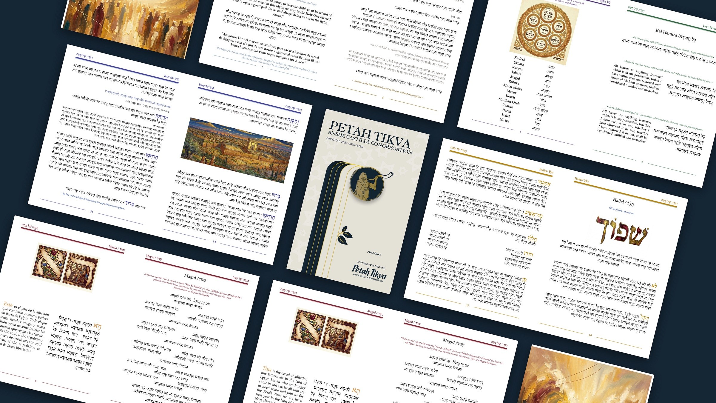 The Haggadah and the directory laid out as a wall: both covers and the spreads.