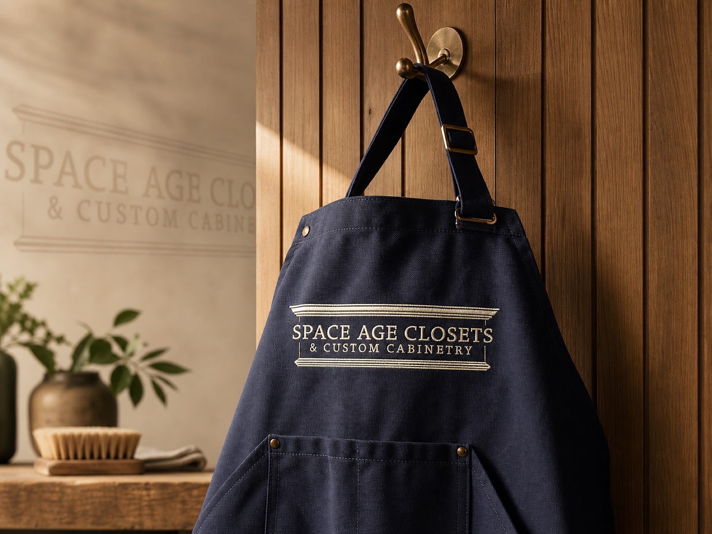 The Space Age wordmark, embroidered on the workshop apron.