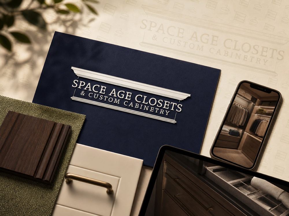SpaceAge Closets turning up on a phone held in a kitchen: storage that shows off, found mid-scroll