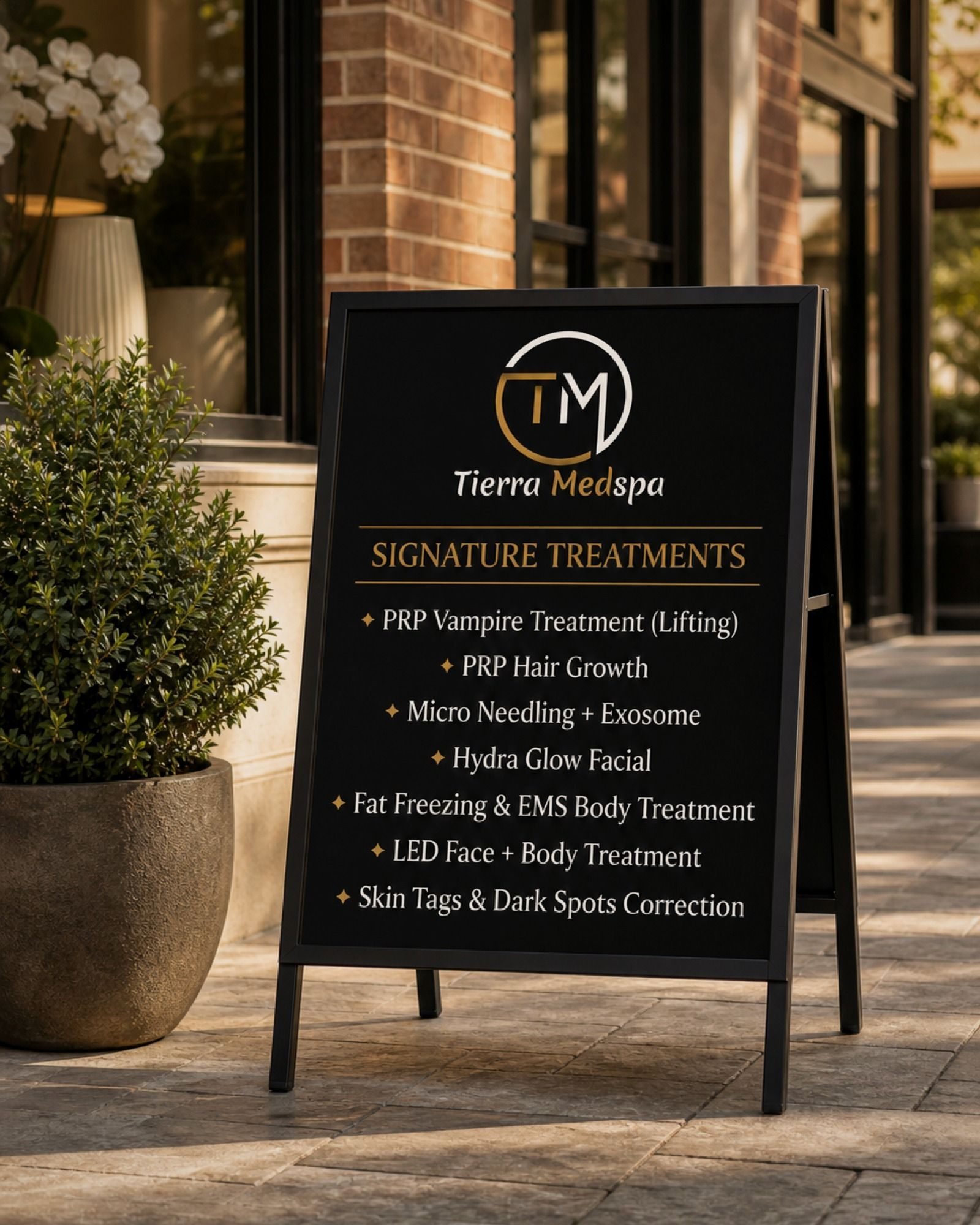 Seven signature treatments, printed and standing on the sidewalk out front.