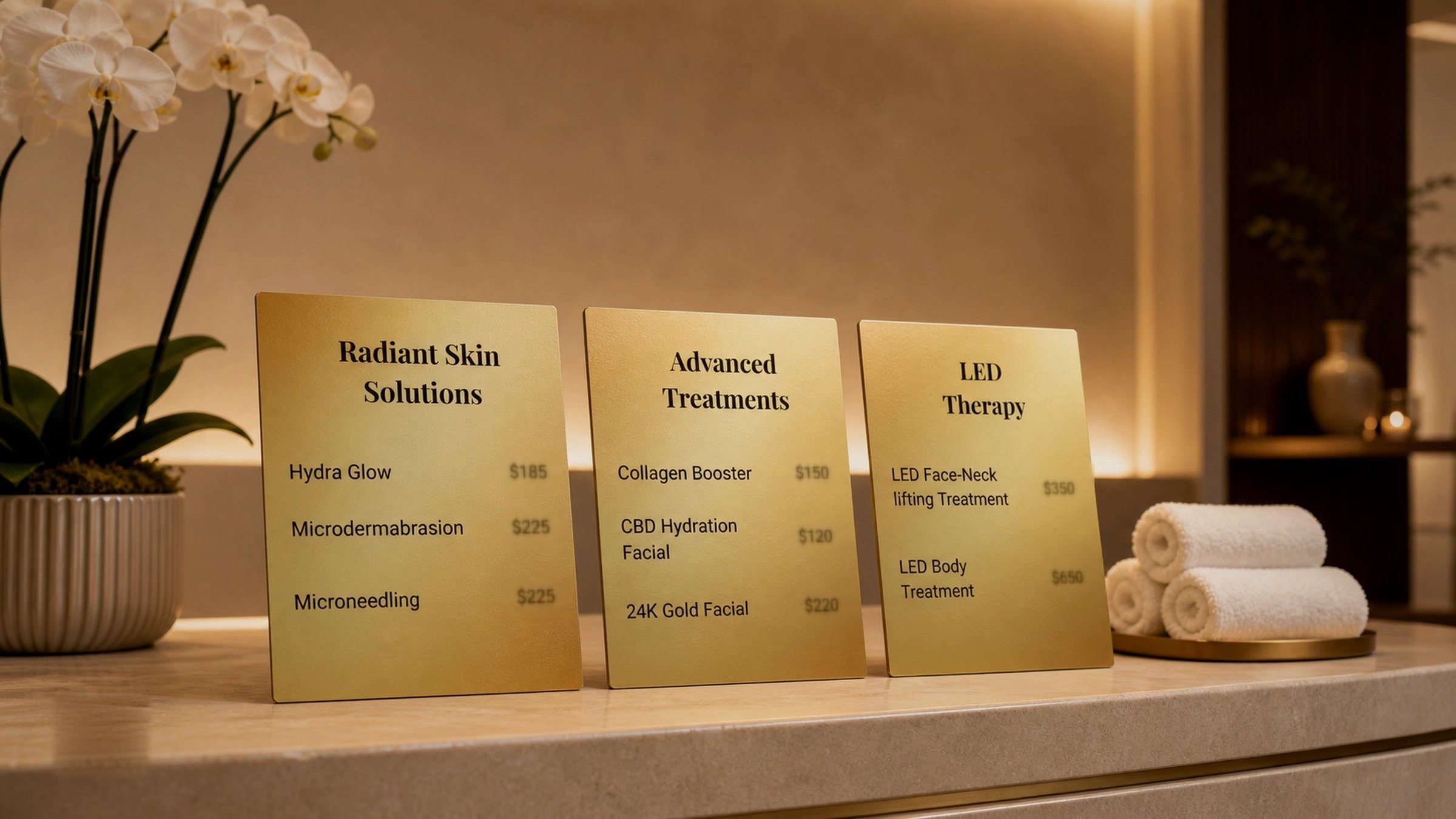 Radiant Skin Solutions, Advanced Treatments, LED Therapy — the service menu laid out on the counter.