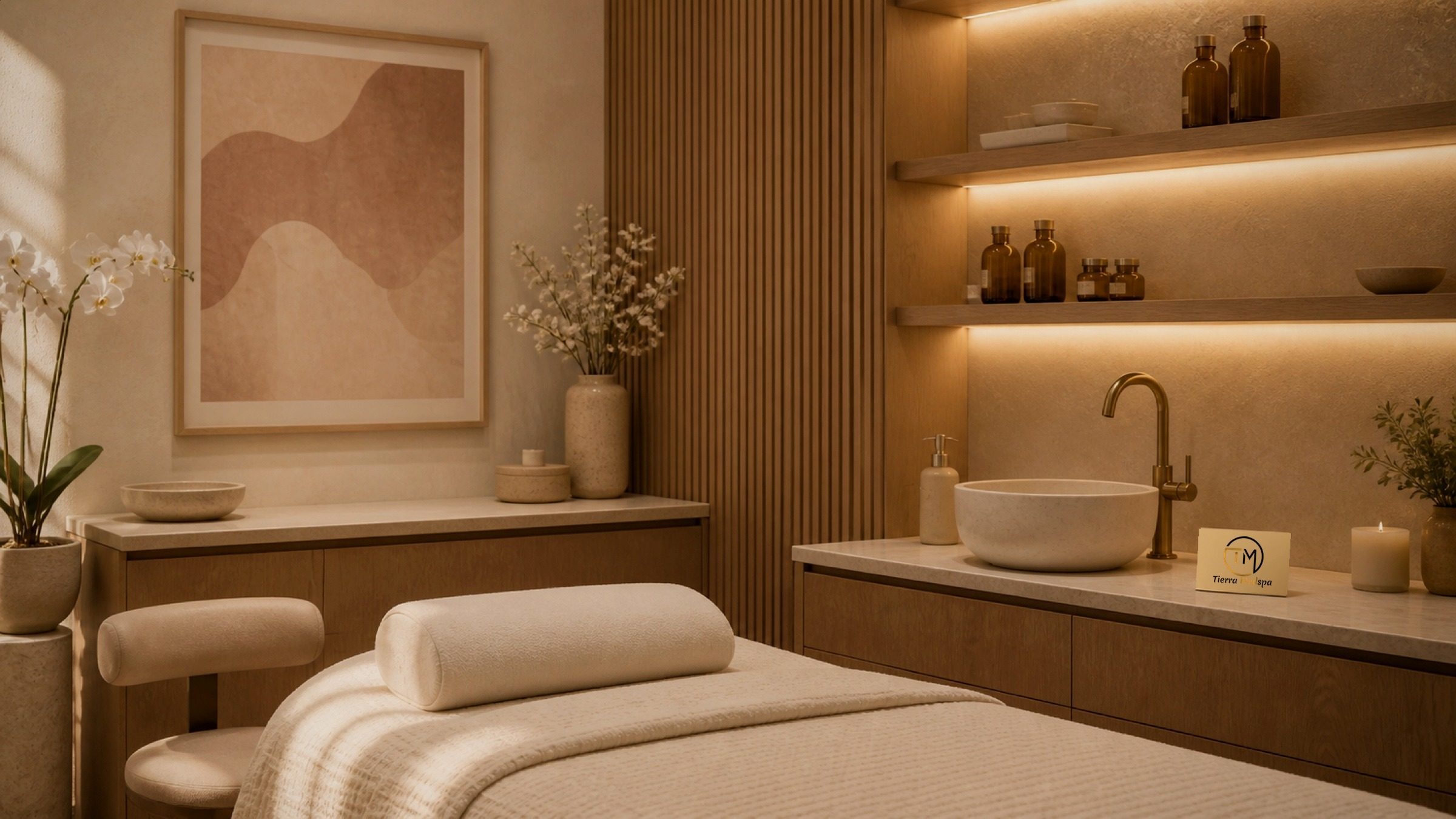 Inside one of the treatment rooms: the bed, the shelf, the quiet.