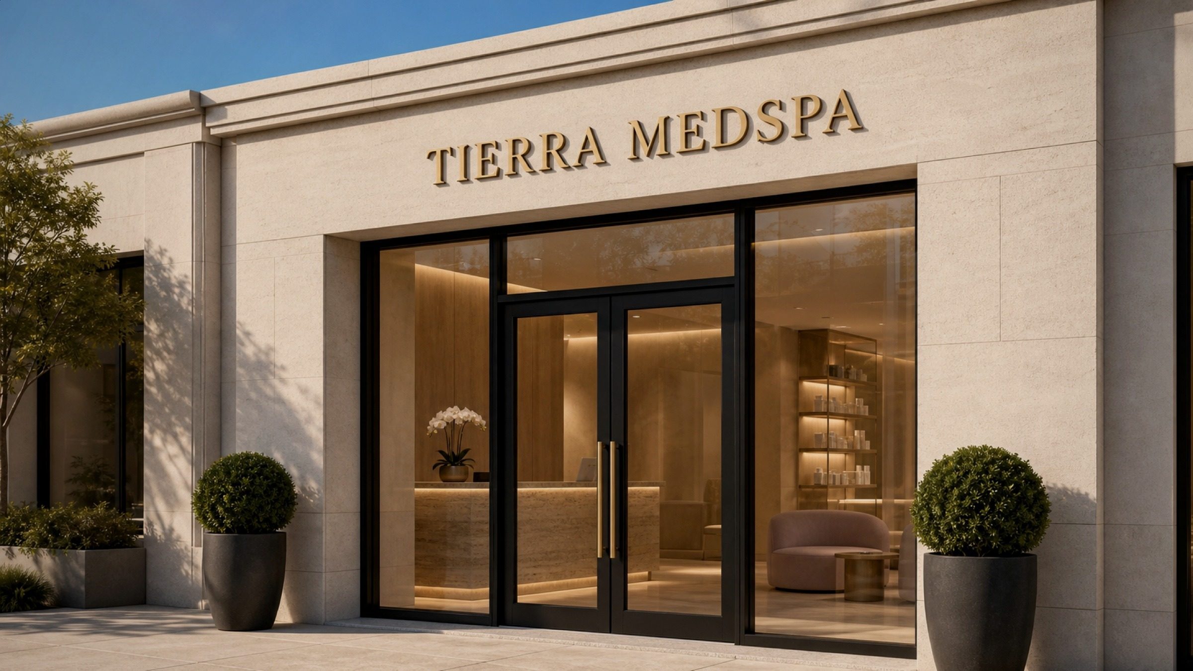 TIERRA MEDSPA, cut into stone-toned dimensional lettering above the entry — planters either side, glass door beyond.