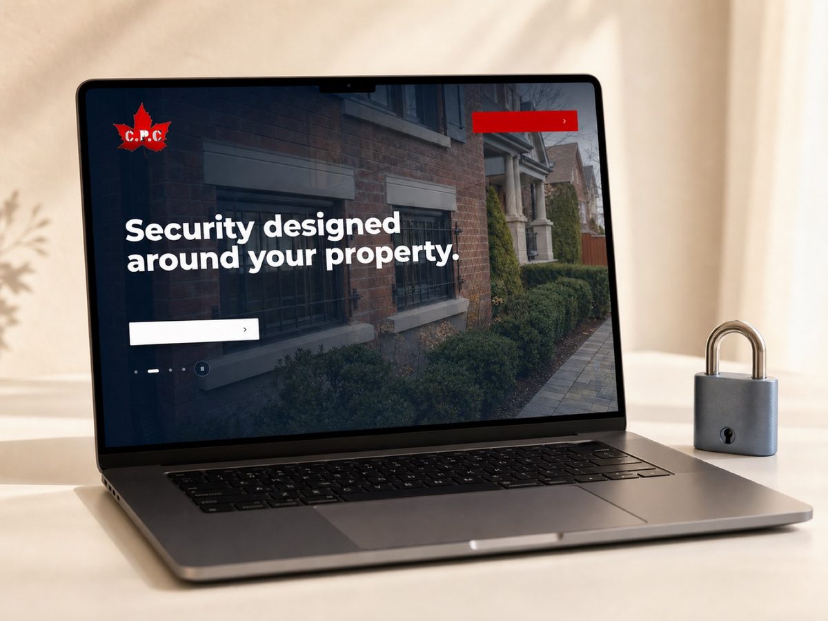 The CPC Locksmith homepage on a laptop: security designed around your property, a padlock resting beside it